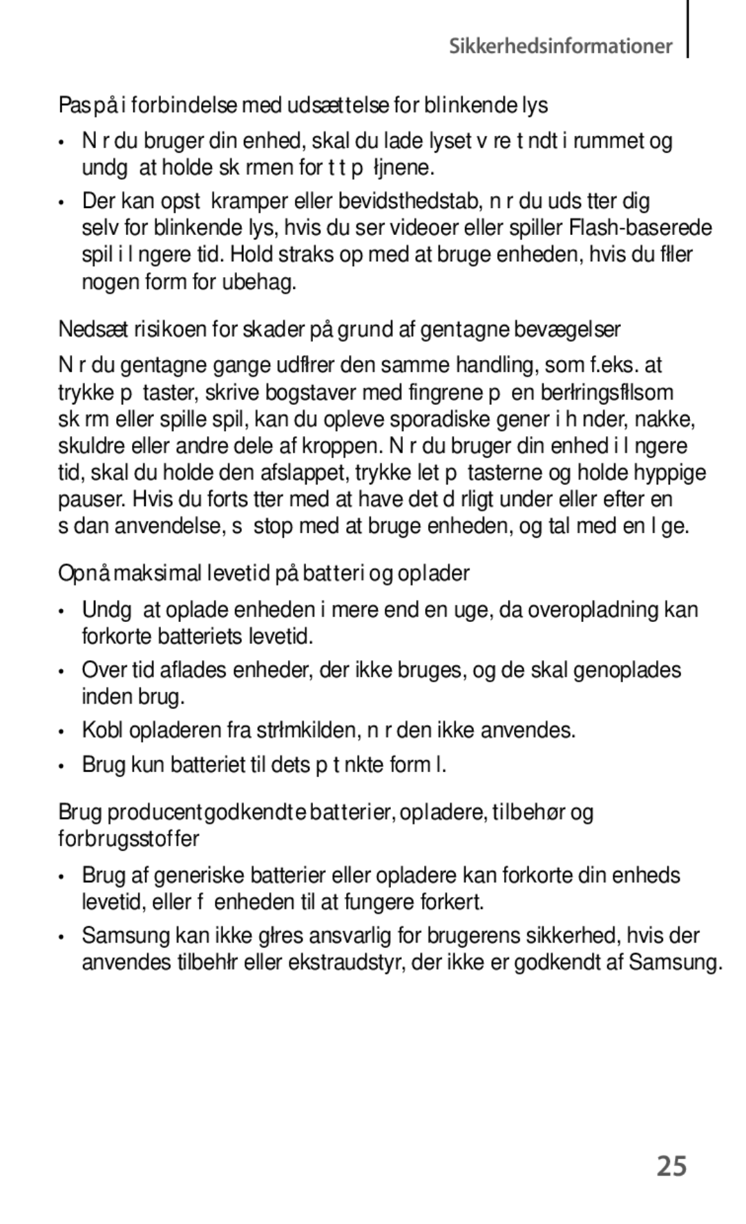 Samsung GT-I8190MBNNEE Pas på i forbindelse med udsættelse for blinkende lys, Opnå maksimal levetid på batteri og oplader 