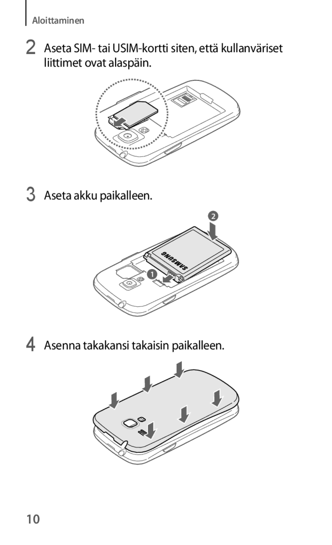 Samsung GT-I8190RWNNEE, GT-I8190GRNNEE, GT-I8190MBNNEE, GT-I8190OKNNEE, GT-I8190ZNNNEE, GT-I8190TANNEE Aseta akku paikalleen 