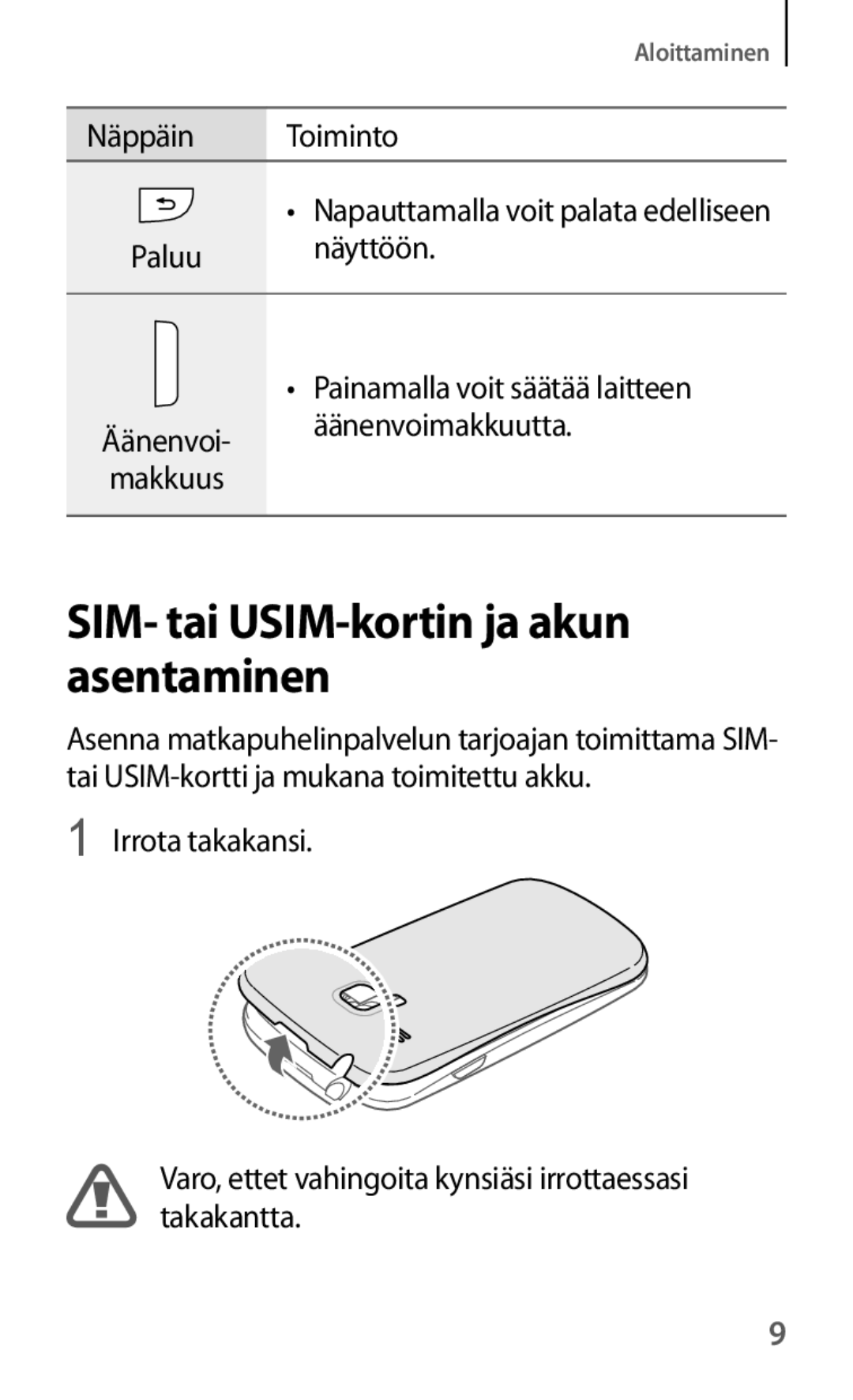 Samsung GT-I8190ZNNNEE, GT-I8190GRNNEE, GT-I8190MBNNEE, GT-I8190OKNNEE manual SIM- tai USIM-kortin ja akun asentaminen 