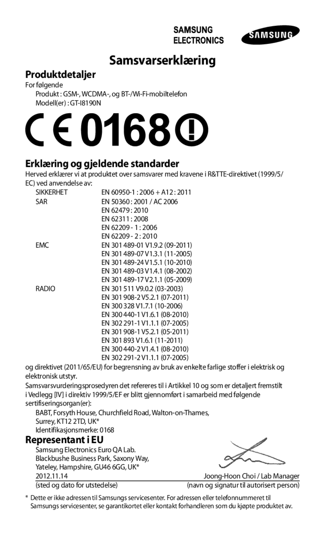 Samsung GT-I8190GRNNEE, GT-I8190MBNNEE manual Produktdetaljer, Erklæring og gjeldende standarder, Representant i EU 