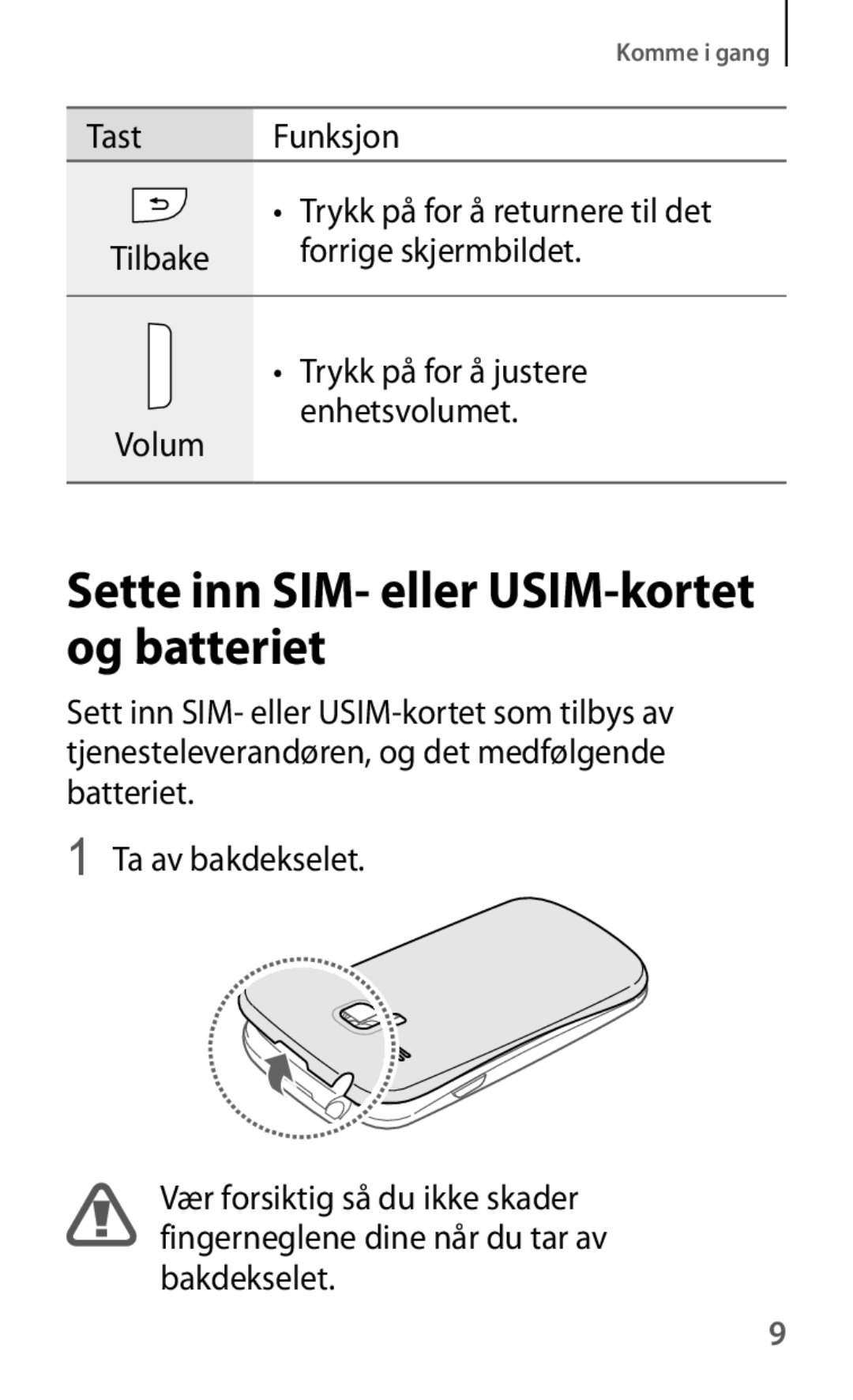 Samsung GT-I8190ZNNNEE, GT-I8190GRNNEE, GT-I8190MBNNEE, GT-I8190OKNNEE manual Sette inn SIM- eller USIM-kortet og batteriet 