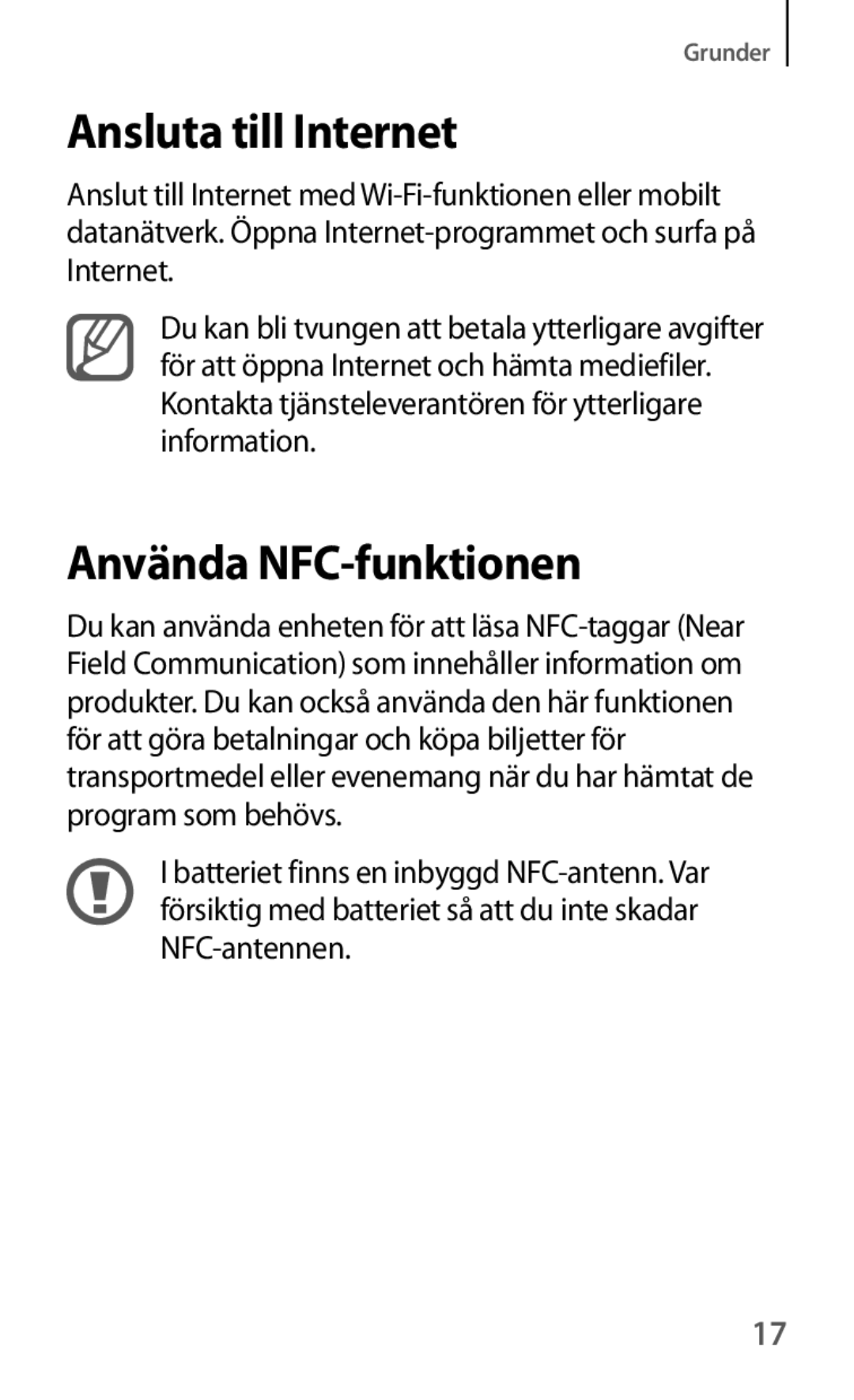 Samsung GT-I8190TANNEE, GT-I8190GRNNEE, GT-I8190MBNNEE, GT-I8190OKNNEE manual Ansluta till Internet, Använda NFC-funktionen 