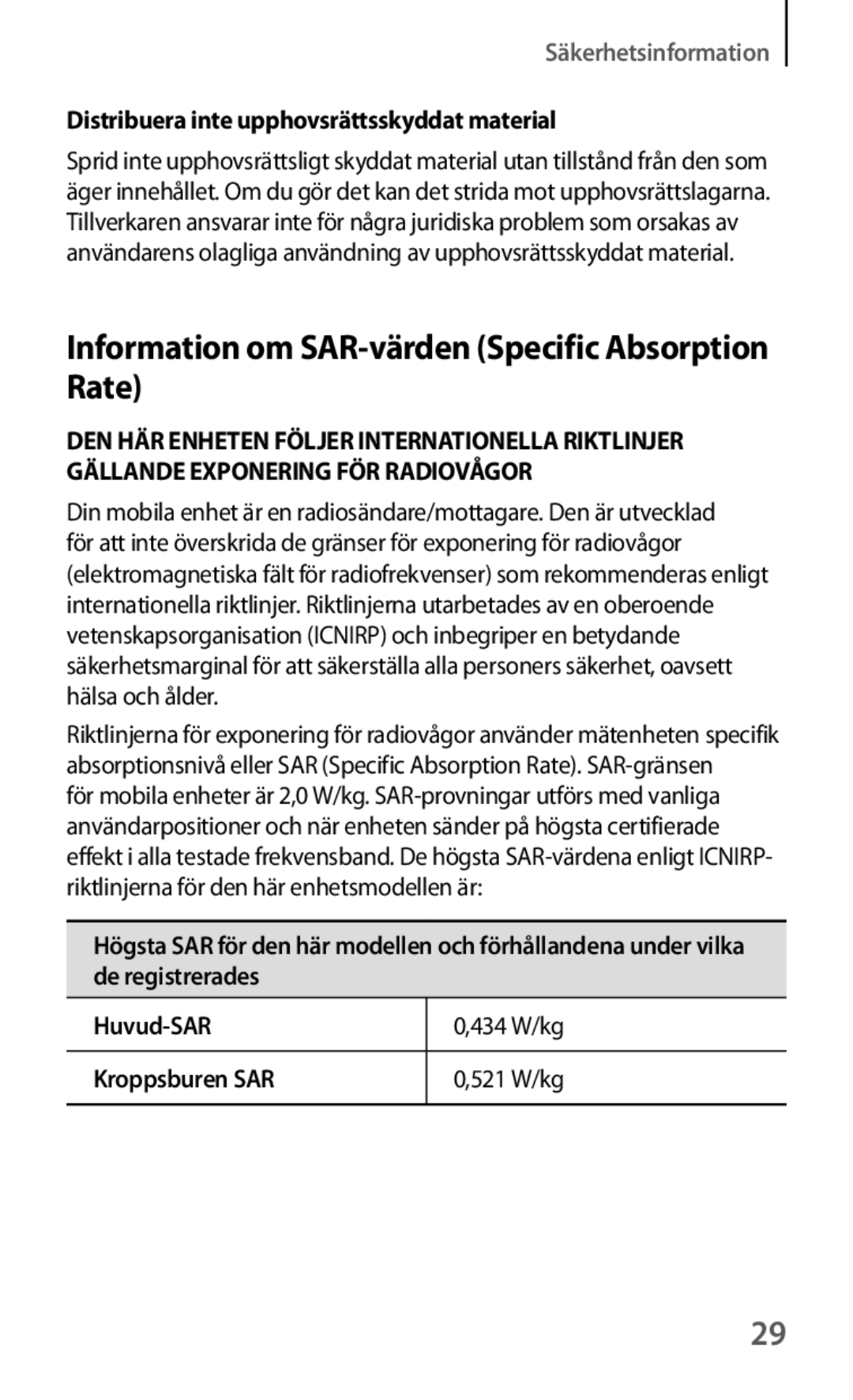 Samsung GT-I8190TANNEE Information om SAR-värden Specific Absorption Rate, Distribuera inte upphovsrättsskyddat material 