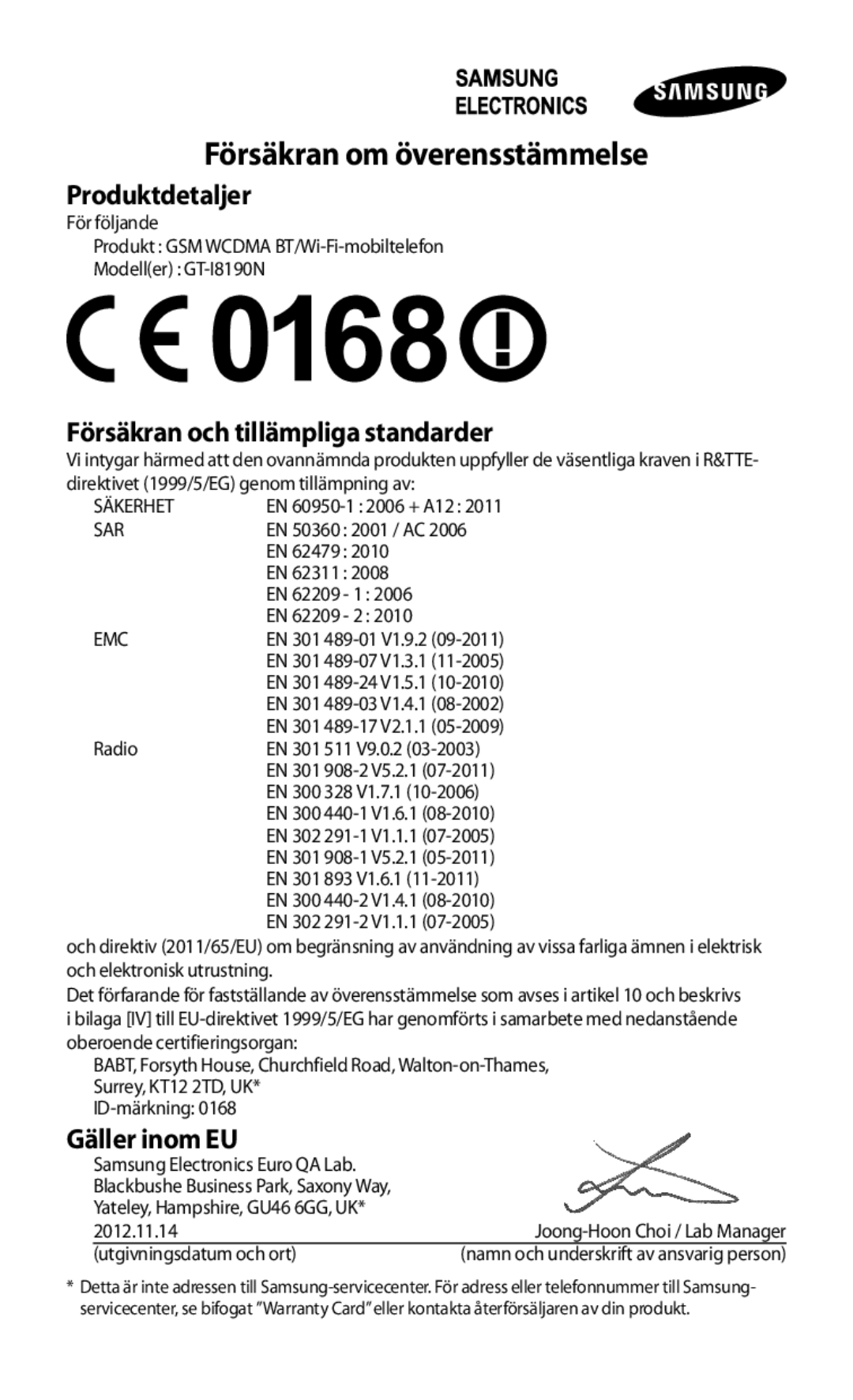 Samsung GT-I8190RWNNEE, GT-I8190GRNNEE, GT-I8190MBNNEE, GT-I8190OKNNEE, GT-I8190ZNNNEE manual Försäkran om överensstämmelse 