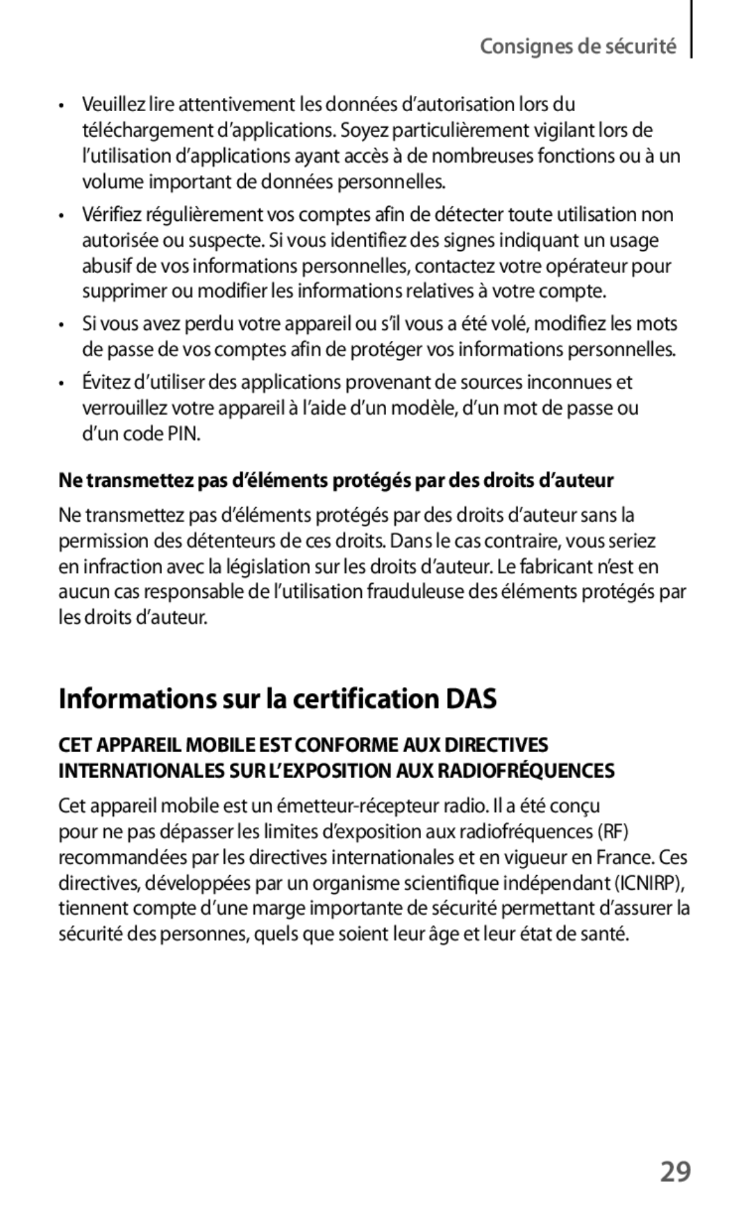 Samsung GT-I8190RWAGBL, GT-I8190MBABGL, GT-I8190MBAMTL, GT-I8190MBAVVT, GT-I8190RWAVVT Informations sur la certification DAS 