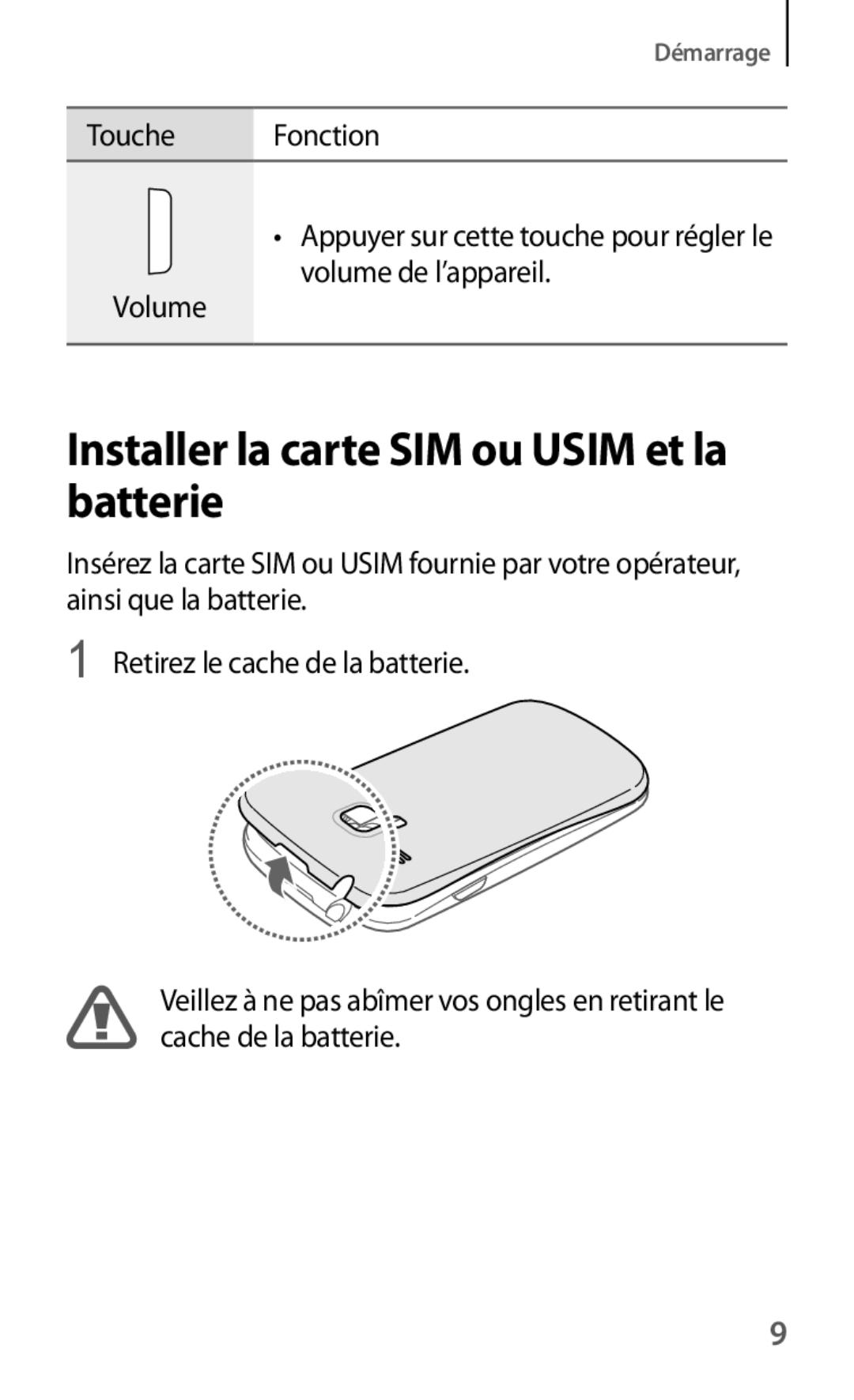 Samsung GT-I8190RWAMTL, GT-I8190MBABGL, GT-I8190MBAMTL, GT-I8190MBAVVT manual Installer la carte SIM ou Usim et la batterie 