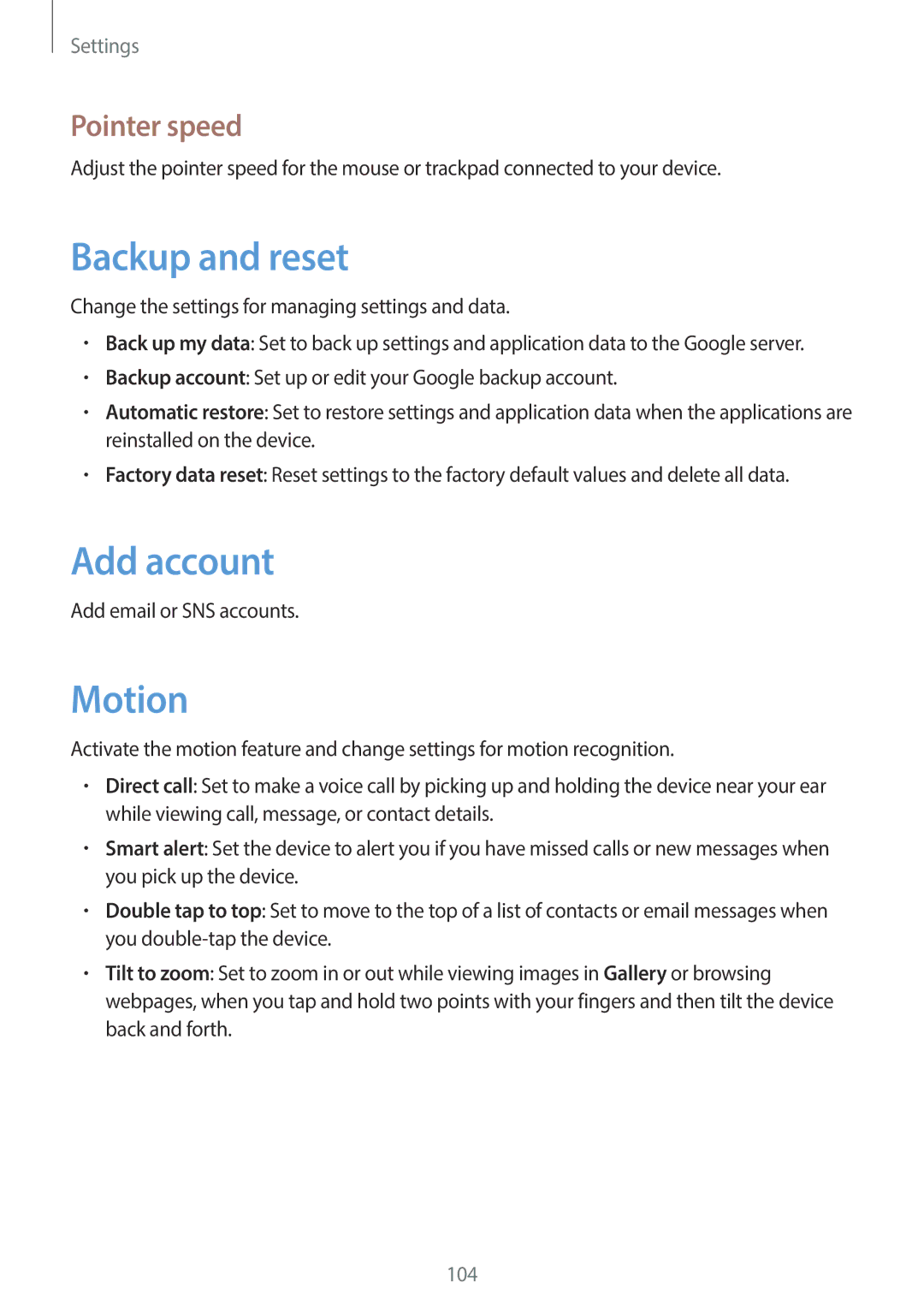 Samsung GT-I8190ZWZXEV, GT-I8190MBAKSA, GT-I8190RWAJED, GT-I8190RWAKSA Backup and reset, Add account, Motion, Pointer speed 