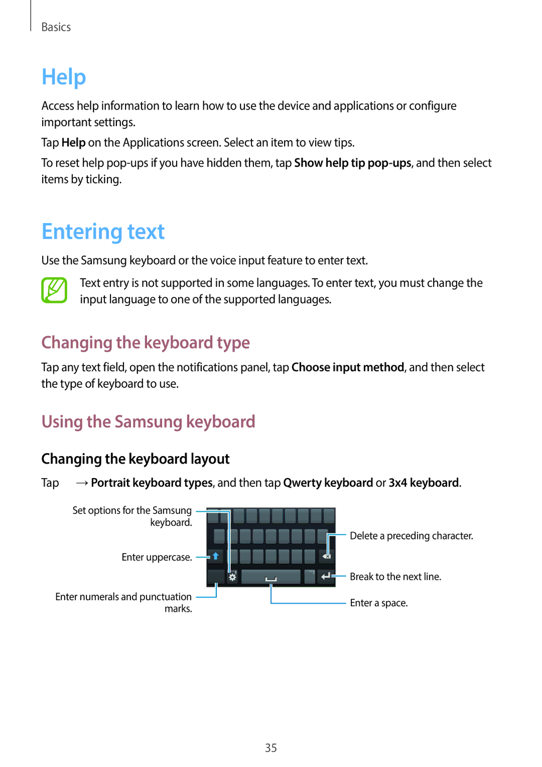 Samsung GT-I8190ZWZXXV, GT-I8190MBAKSA manual Help, Entering text, Changing the keyboard type, Using the Samsung keyboard 