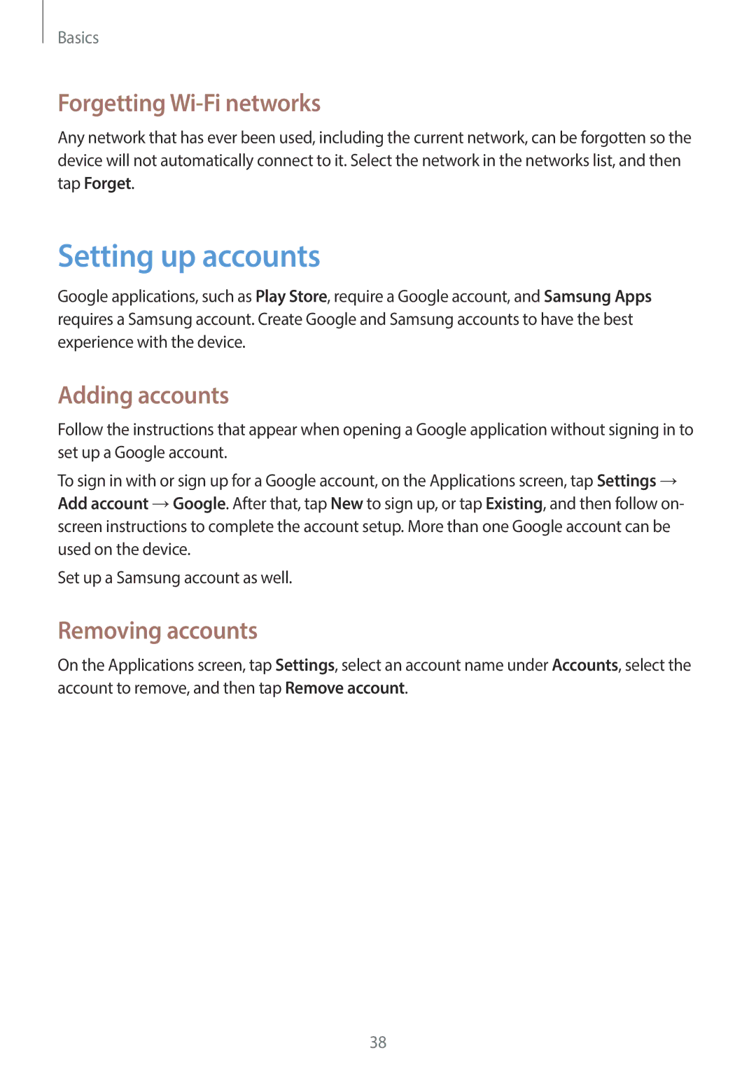 Samsung GT-I8190RWAKSA, GT-I8190MBAKSA Setting up accounts, Forgetting Wi-Fi networks, Adding accounts, Removing accounts 