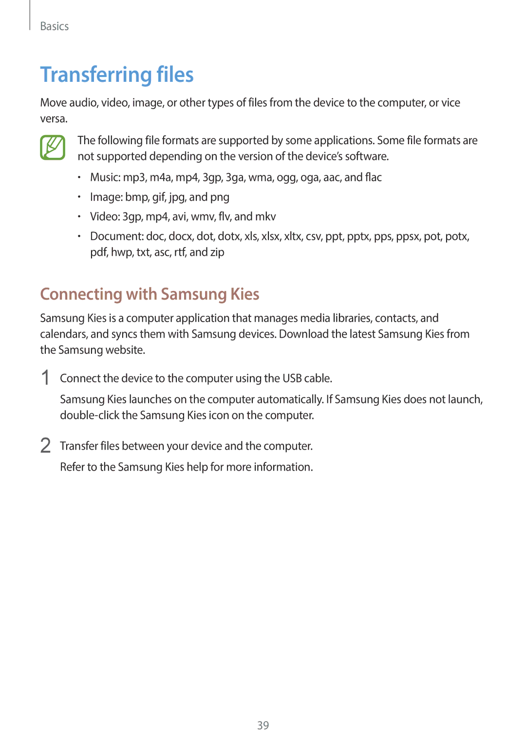 Samsung GT-I8190MBAJED, GT-I8190MBAKSA, GT-I8190RWAJED, GT-I8190RWAKSA manual Transferring files, Connecting with Samsung Kies 