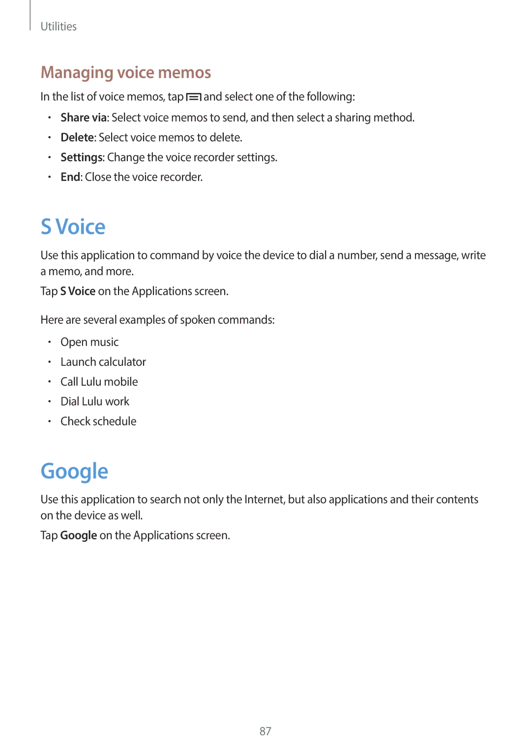 Samsung GT-I8190RWAXXV, GT-I8190MBAKSA, GT-I8190RWAJED, GT-I8190RWAKSA, GT-I8190MBAJED Voice, Google, Managing voice memos 