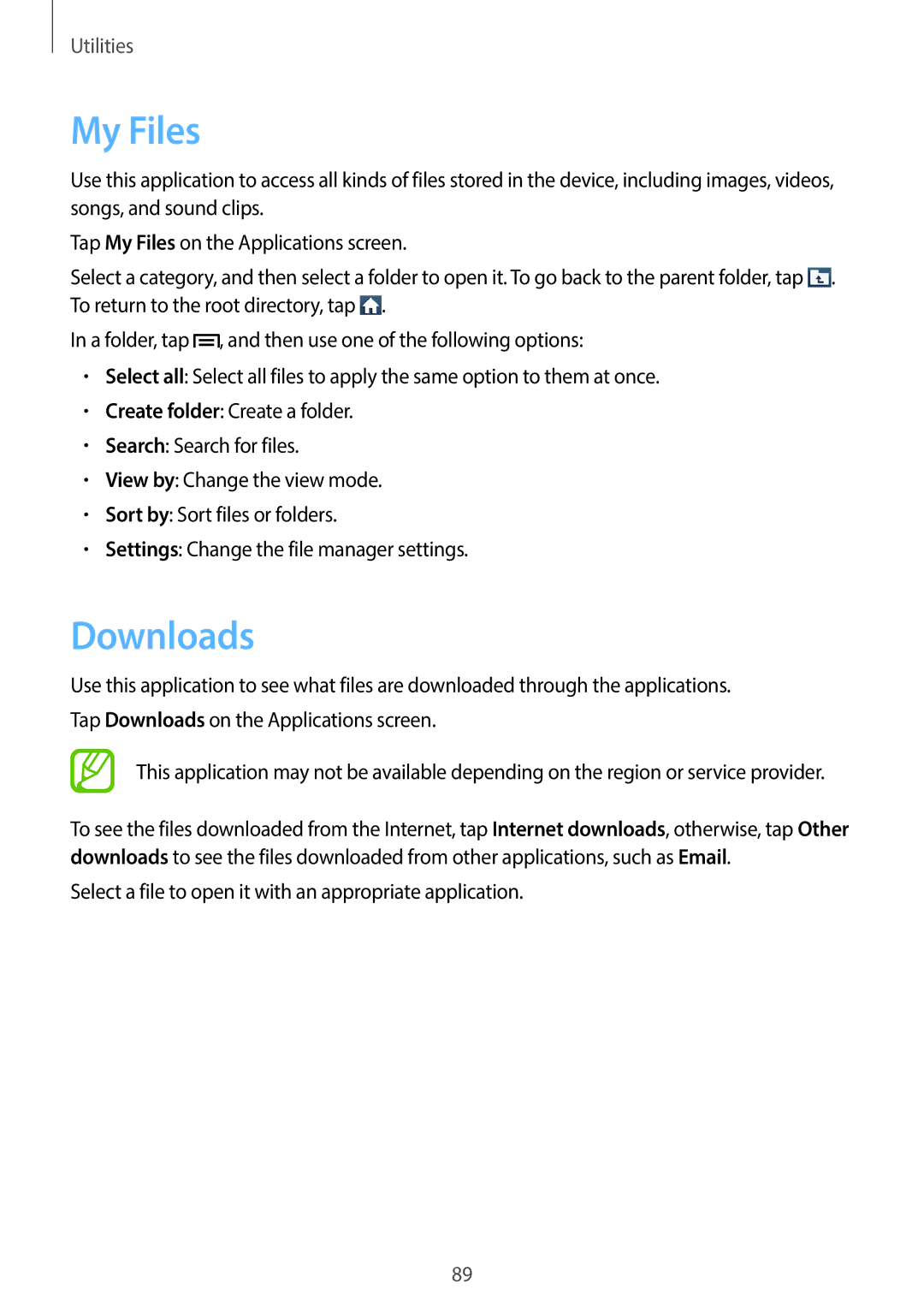 Samsung GT-I8190ZWZXXV, GT-I8190MBAKSA manual My Files, Downloads, Select a file to open it with an appropriate application 