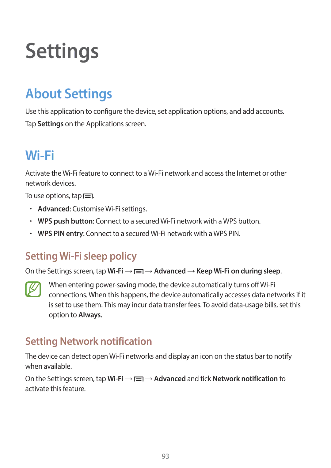 Samsung GT-I8190MBAJED, GT-I8190MBAKSA About Settings, Setting Wi-Fi sleep policy, Setting Network notification 