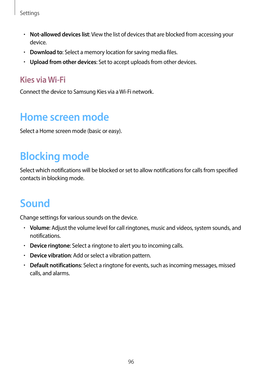 Samsung GT-I8190RWAXXV, GT-I8190MBAKSA, GT-I8190RWAJED manual Home screen mode, Blocking mode, Sound, Kies via Wi-Fi 