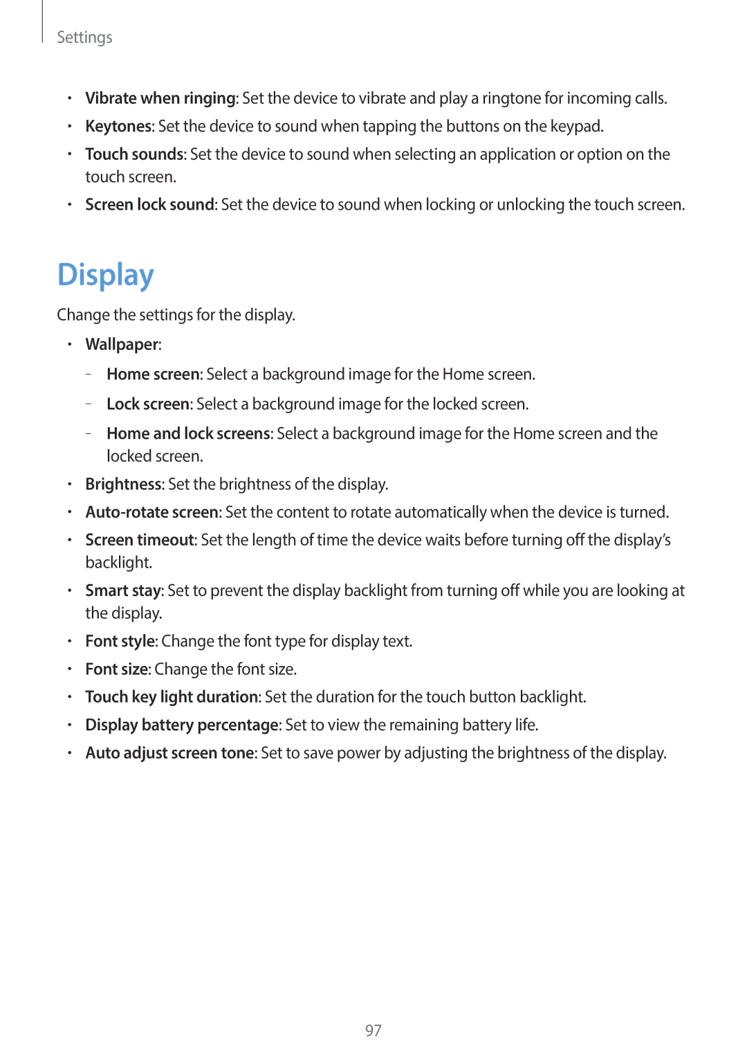 Samsung GT-I8190ZNAXXV, GT-I8190MBAKSA, GT-I8190RWAJED manual Display, Change the settings for the display, Wallpaper 