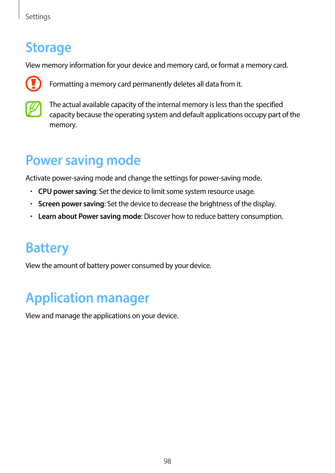 Samsung GT-I8190ZWZXXV, GT-I8190MBAKSA, GT-I8190RWAJED manual Storage, Power saving mode, Battery, Application manager 