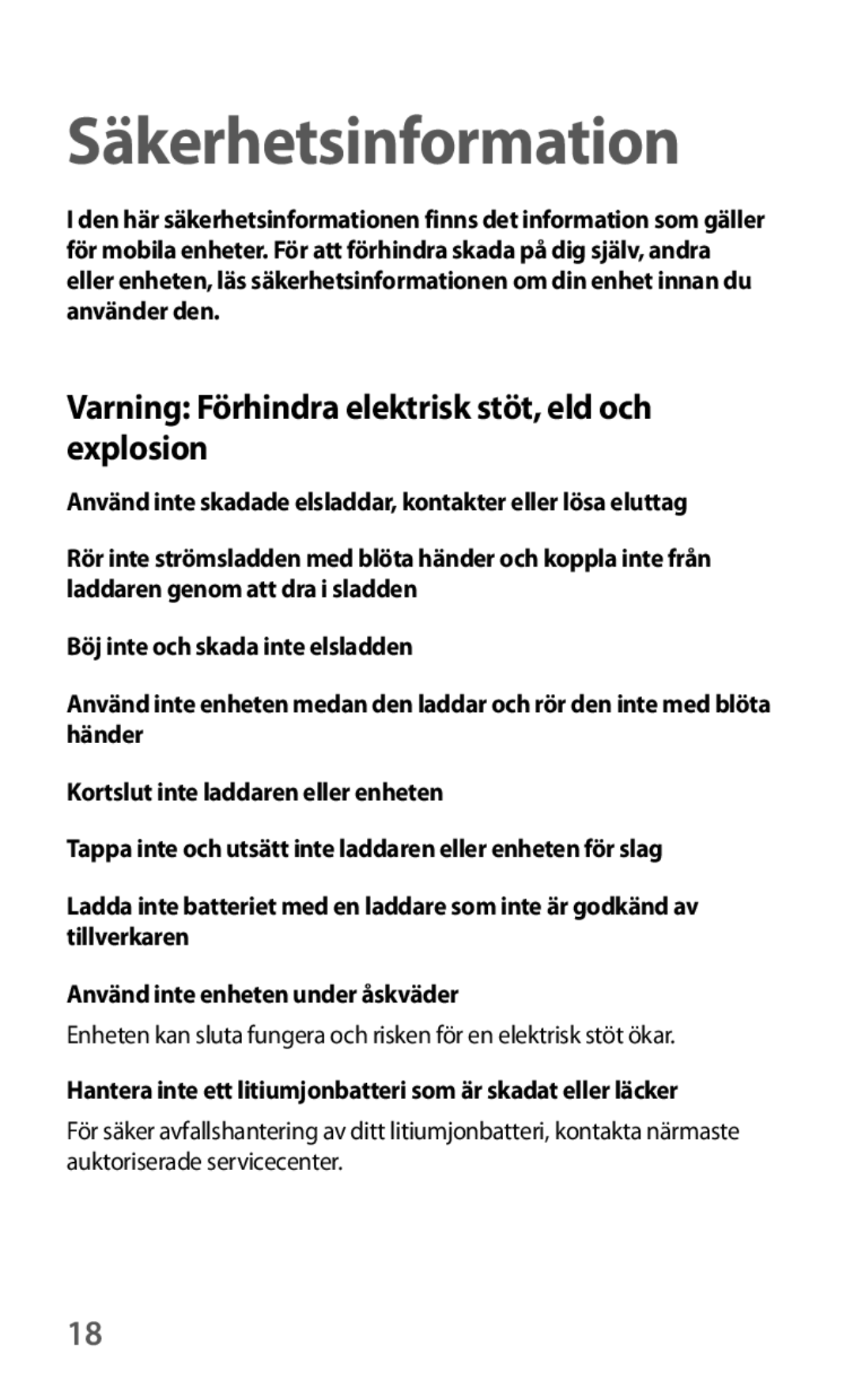 Samsung GT-I8190MBNNEE, GT-I8190MBANEE, GT-I8190GRNNEE, GT-I8190OKNNEE Varning Förhindra elektrisk stöt, eld och explosion 