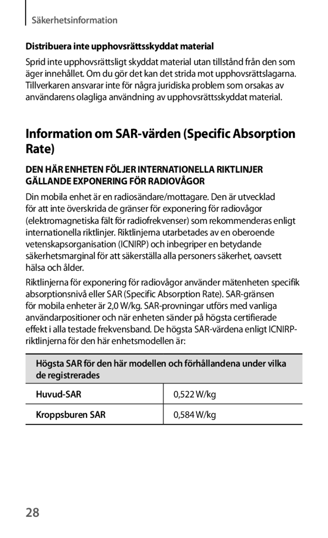 Samsung GT-I8190ZNNNEE Information om SAR-värden Specific Absorption Rate, Distribuera inte upphovsrättsskyddat material 