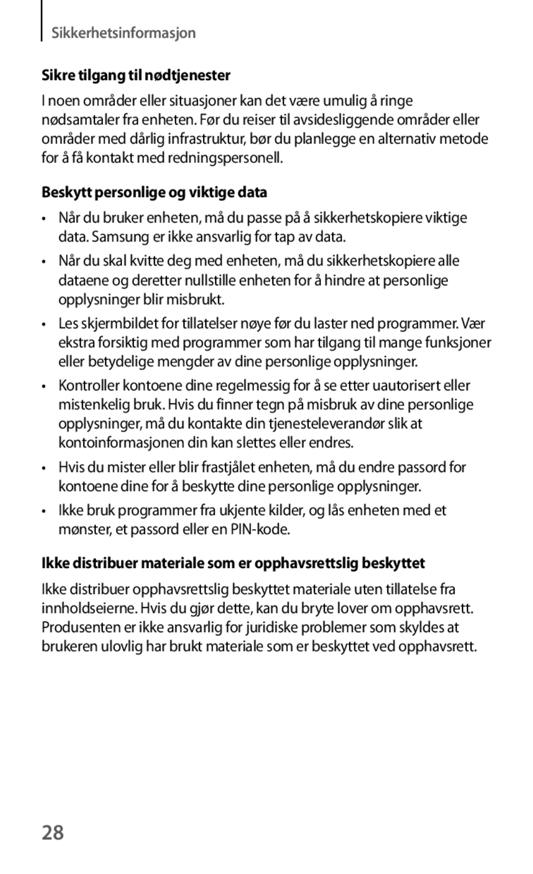 Samsung GT-I8190ZNNNEE, GT-I8190MBANEE, GT-I8190GRNNEE Sikre tilgang til nødtjenester, Beskytt personlige og viktige data 