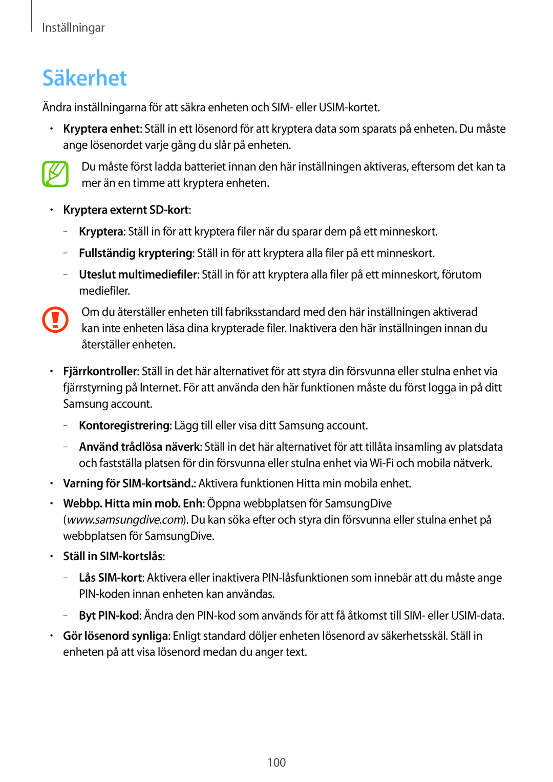 Samsung GT-I8190ZNNNEE, GT-I8190MBANEE, GT-I8190GRNNEE manual Säkerhet, Kryptera externt SD-kort, Ställ in SIM-kortslås 