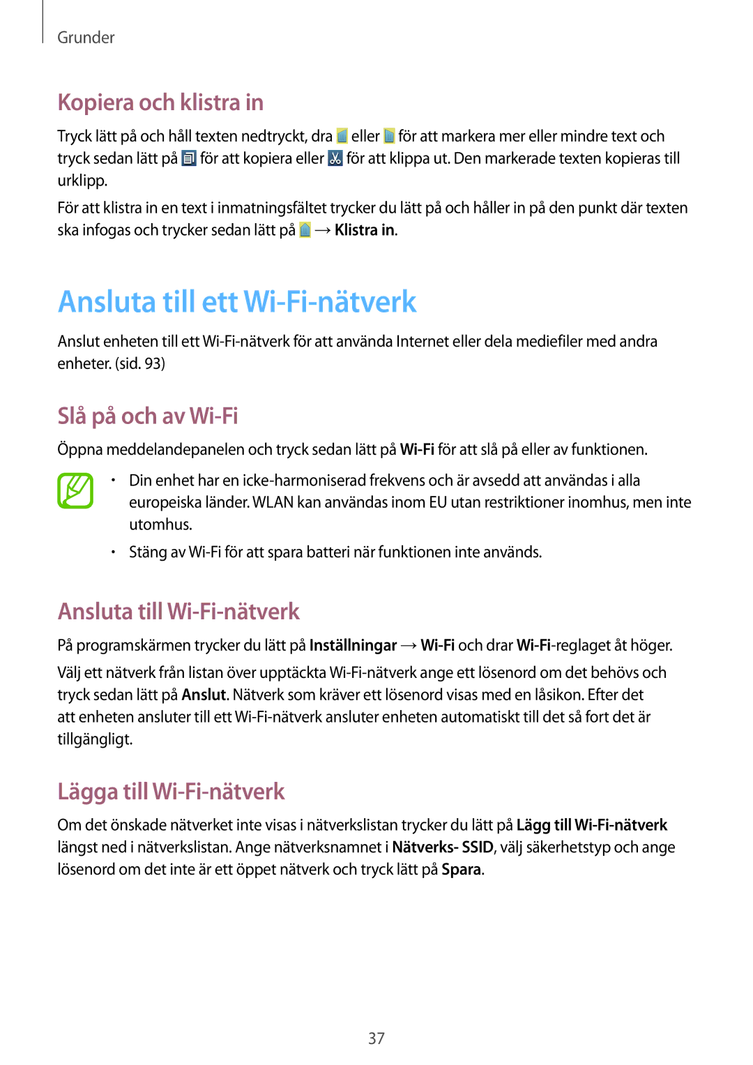 Samsung GT-I8190RWANEE Ansluta till ett Wi-Fi-nätverk, Kopiera och klistra, Slå på och av Wi-Fi, Lägga till Wi-Fi-nätverk 