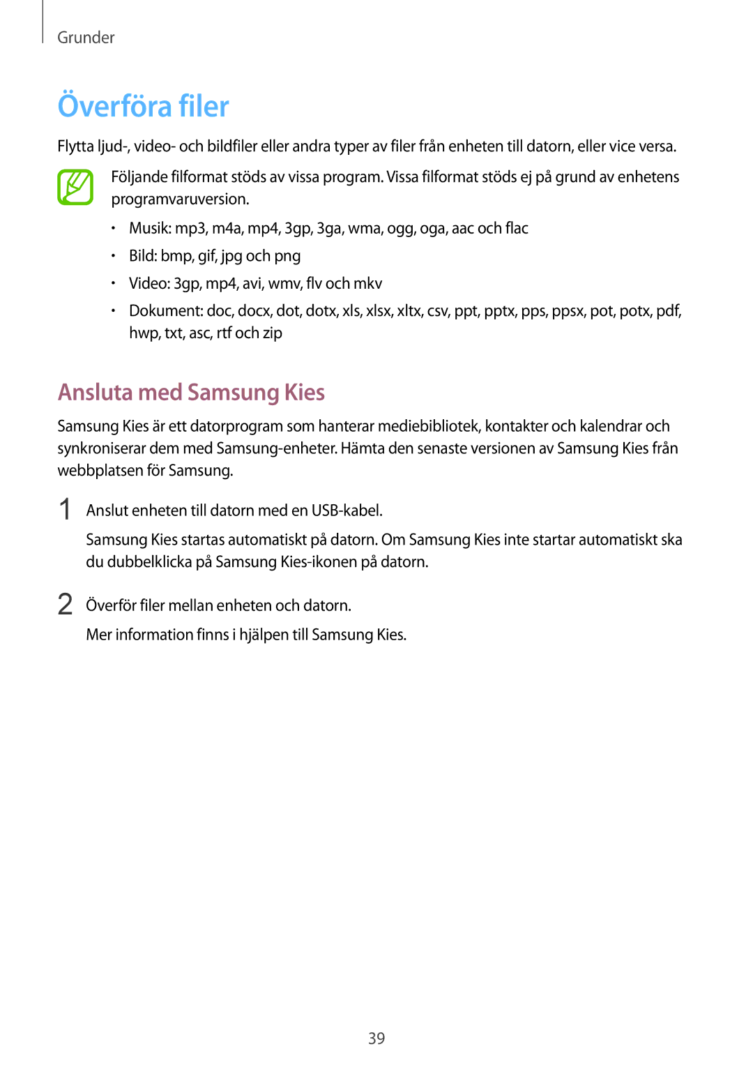 Samsung GT-I8190TANNEE, GT-I8190MBANEE, GT-I8190GRNNEE, GT-I8190MBNNEE manual Överföra filer, Ansluta med Samsung Kies 