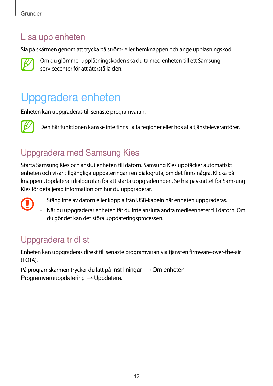 Samsung GT-I8190MBNNEE manual Uppgradera enheten, Låsa upp enheten, Uppgradera med Samsung Kies, Uppgradera trådlöst 