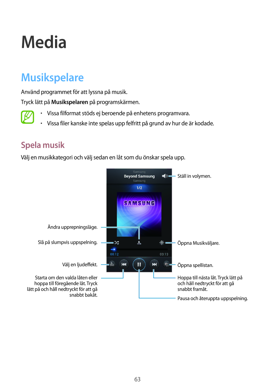 Samsung GT-I8190TANNEE, GT-I8190MBANEE, GT-I8190GRNNEE, GT-I8190MBNNEE, GT-I8190OKNNEE manual Media, Musikspelare, Spela musik 