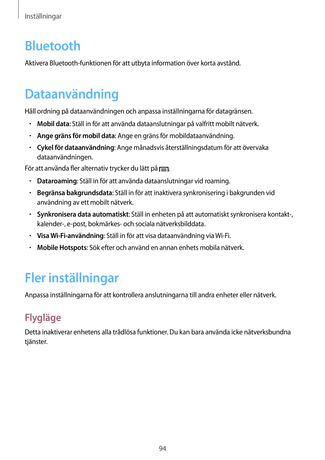 Samsung GT-I8190RWNNEE, GT-I8190MBANEE, GT-I8190GRNNEE, GT-I8190MBNNEE manual Dataanvändning, Fler inställningar, Flygläge 