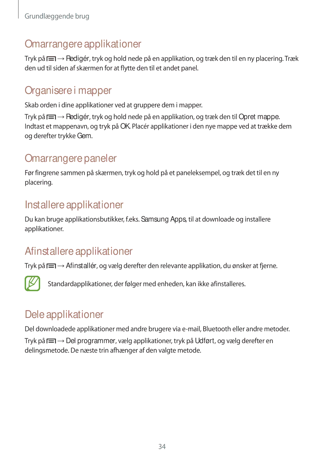 Samsung GT-I8190MBNNEE manual Omarrangere applikationer, Organisere i mapper, Installere applikationer, Dele applikationer 