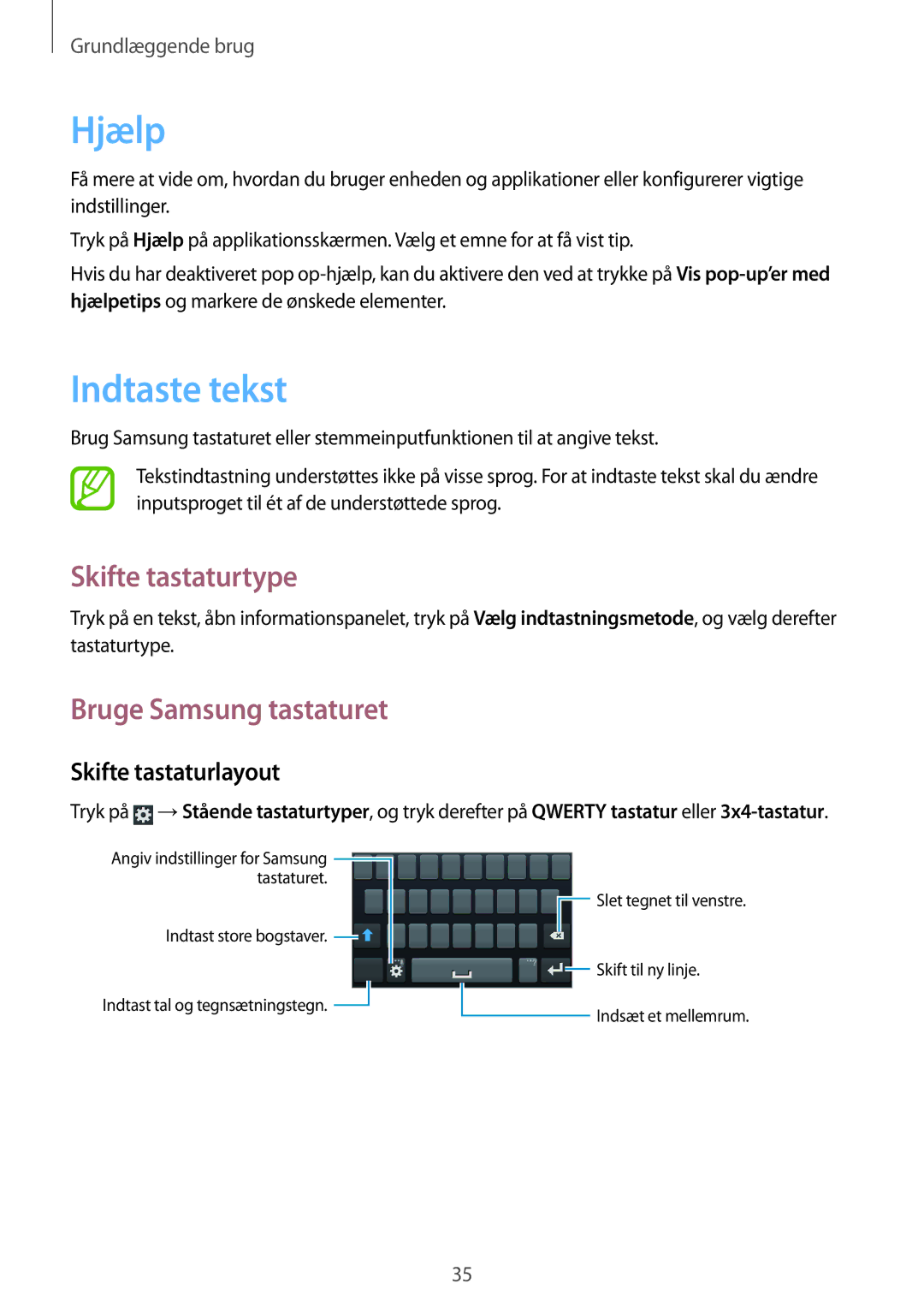 Samsung GT-I8190OKNNEE manual Hjælp, Indtaste tekst, Skifte tastaturtype, Bruge Samsung tastaturet, Skifte tastaturlayout 