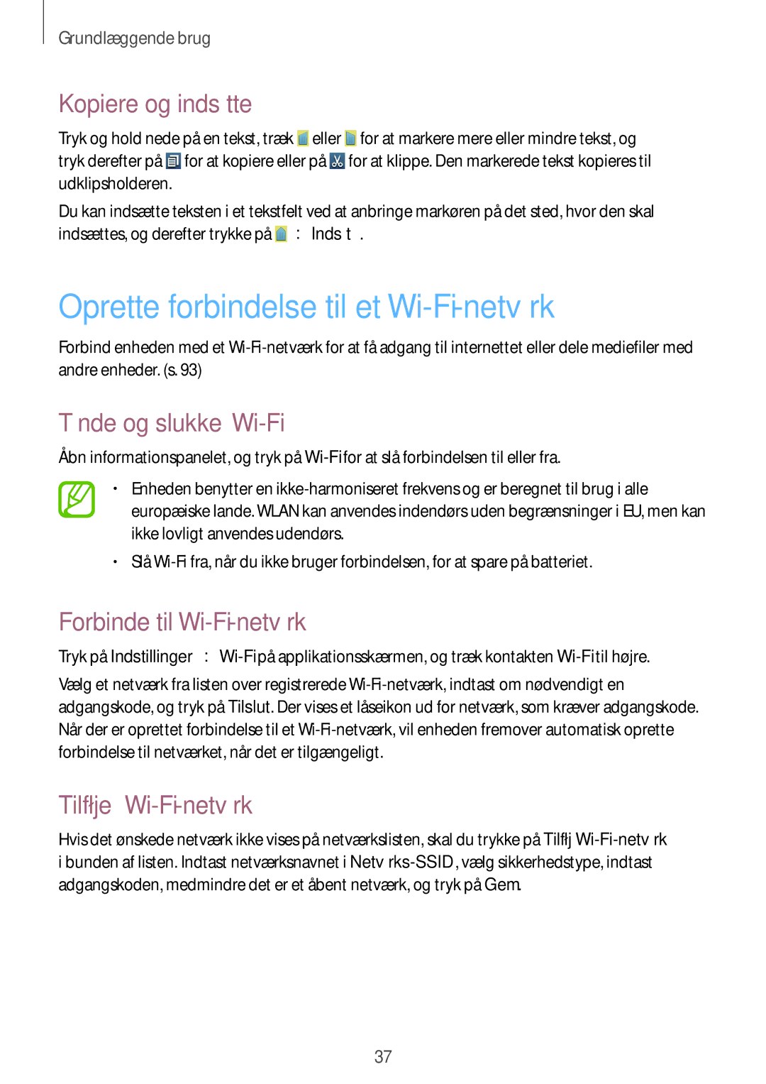 Samsung GT-I8190RWANEE manual Oprette forbindelse til et Wi-Fi-netværk, Kopiere og indsætte, Tænde og slukke Wi-Fi 