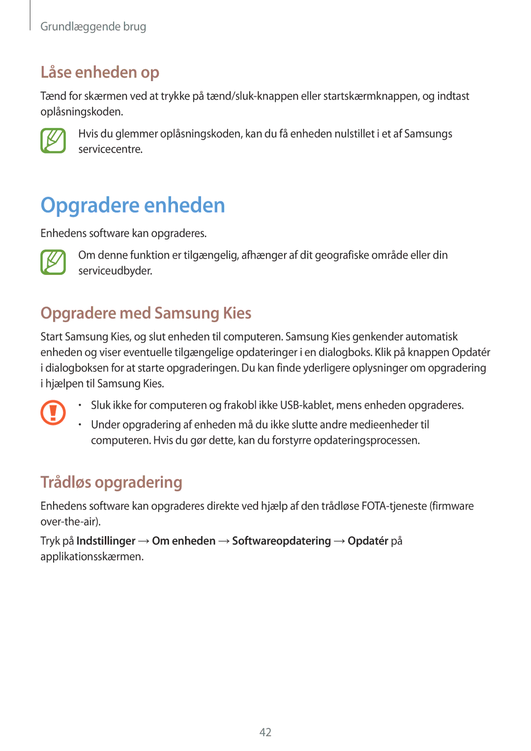 Samsung GT-I8190MBNNEE, GT-I8190MBANEE Opgradere enheden, Låse enheden op, Opgradere med Samsung Kies, Trådløs opgradering 