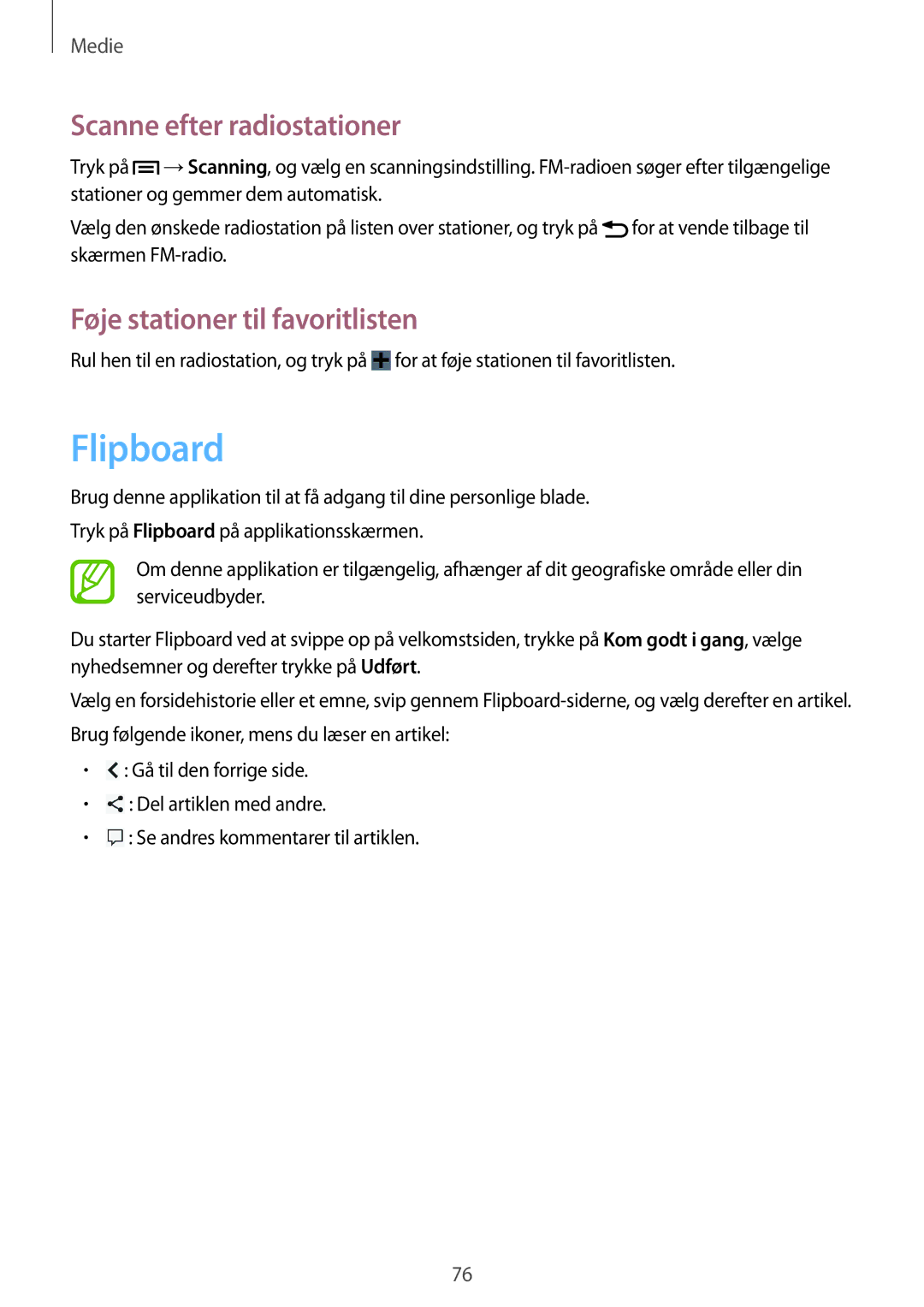 Samsung GT-I8190ZNNNEE, GT-I8190MBANEE manual Flipboard, Scanne efter radiostationer, Føje stationer til favoritlisten 