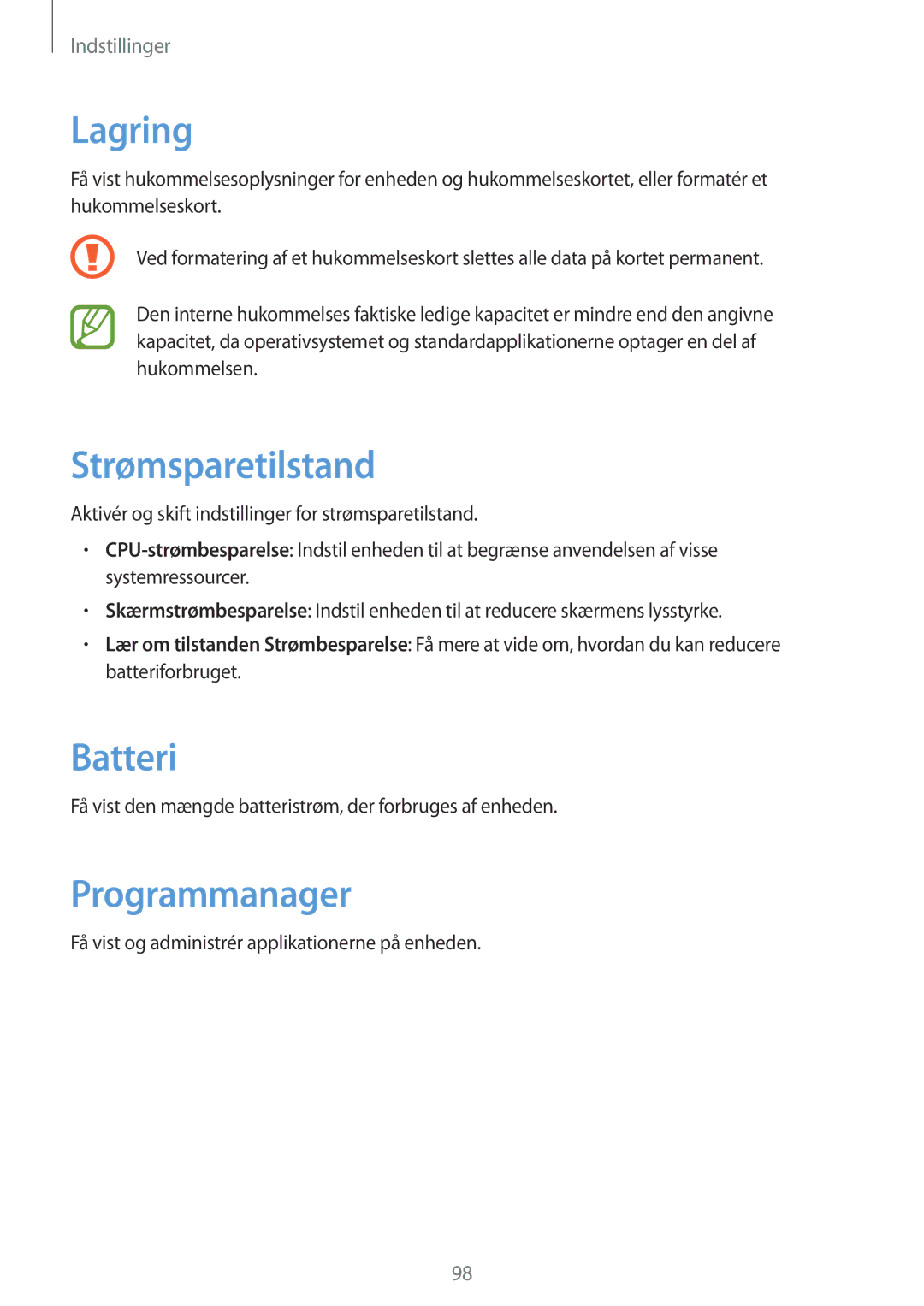 Samsung GT-I8190MBNNEE, GT-I8190MBANEE, GT-I8190GRNNEE, GT-I8190OKNNEE Lagring, Strømsparetilstand, Batteri, Programmanager 