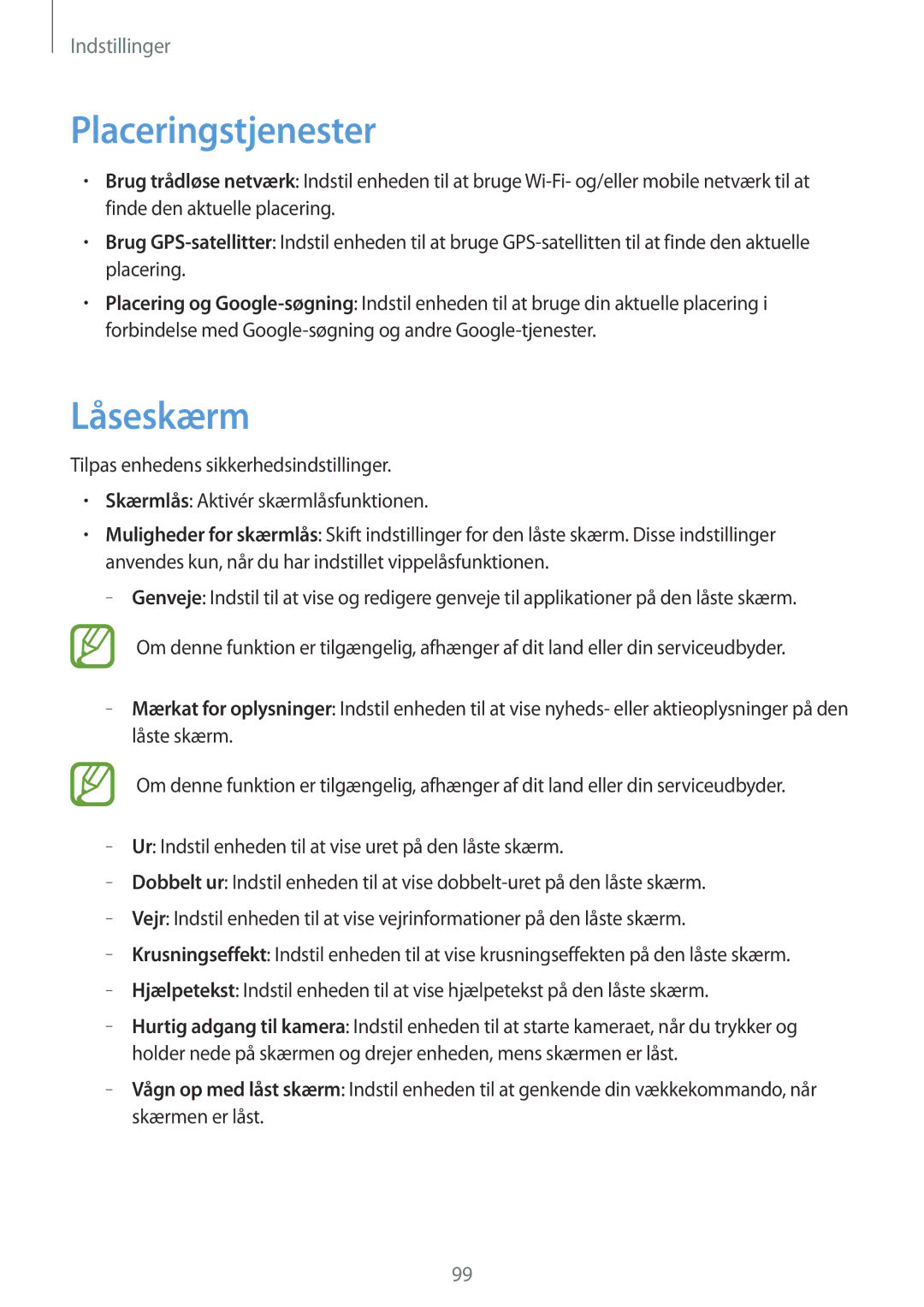 Samsung GT-I8190OKNNEE, GT-I8190MBANEE, GT-I8190GRNNEE, GT-I8190MBNNEE, GT-I8190ZNNNEE manual Placeringstjenester, Låseskærm 