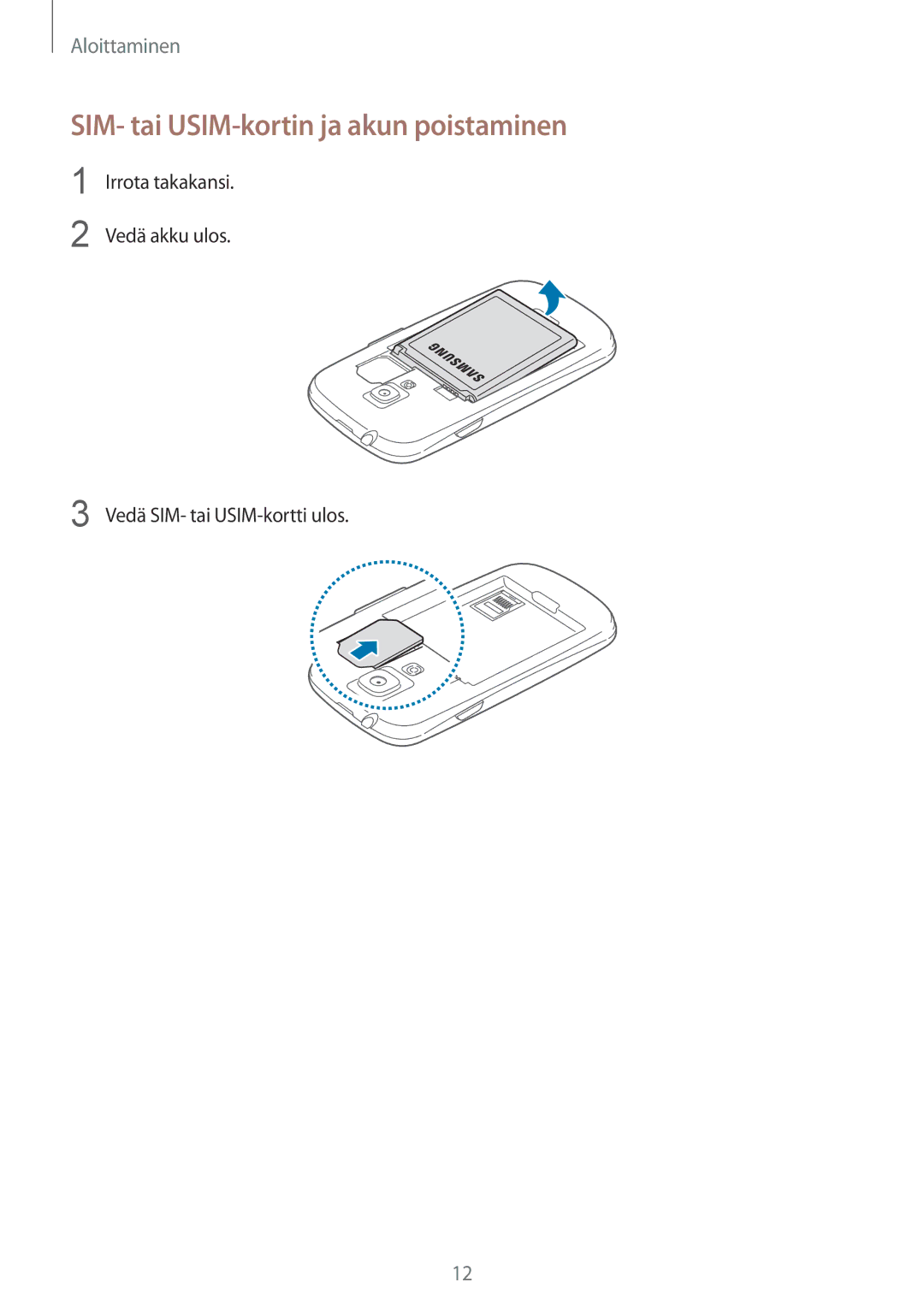 Samsung GT-I8190ZNNNEE, GT-I8190MBANEE, GT-I8190GRNNEE, GT-I8190MBNNEE manual SIM- tai USIM-kortin ja akun poistaminen 