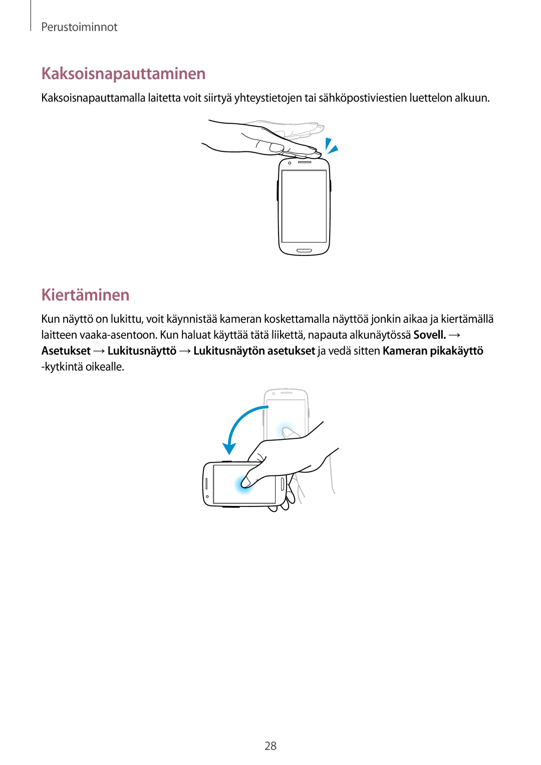 Samsung GT-I8190ZNNNEE, GT-I8190MBANEE, GT-I8190GRNNEE, GT-I8190MBNNEE, GT-I8190OKNNEE manual Kaksoisnapauttaminen, Kiertäminen 