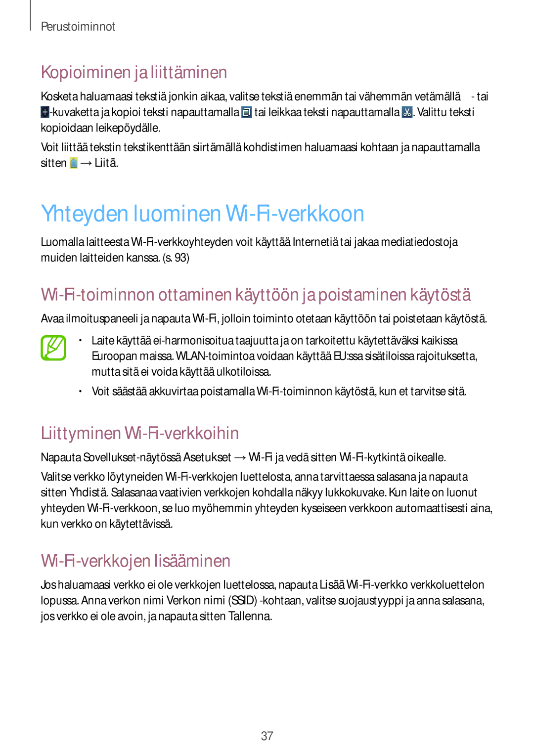 Samsung GT-I8190RWANEE manual Yhteyden luominen Wi-Fi-verkkoon, Kopioiminen ja liittäminen, Liittyminen Wi-Fi-verkkoihin 