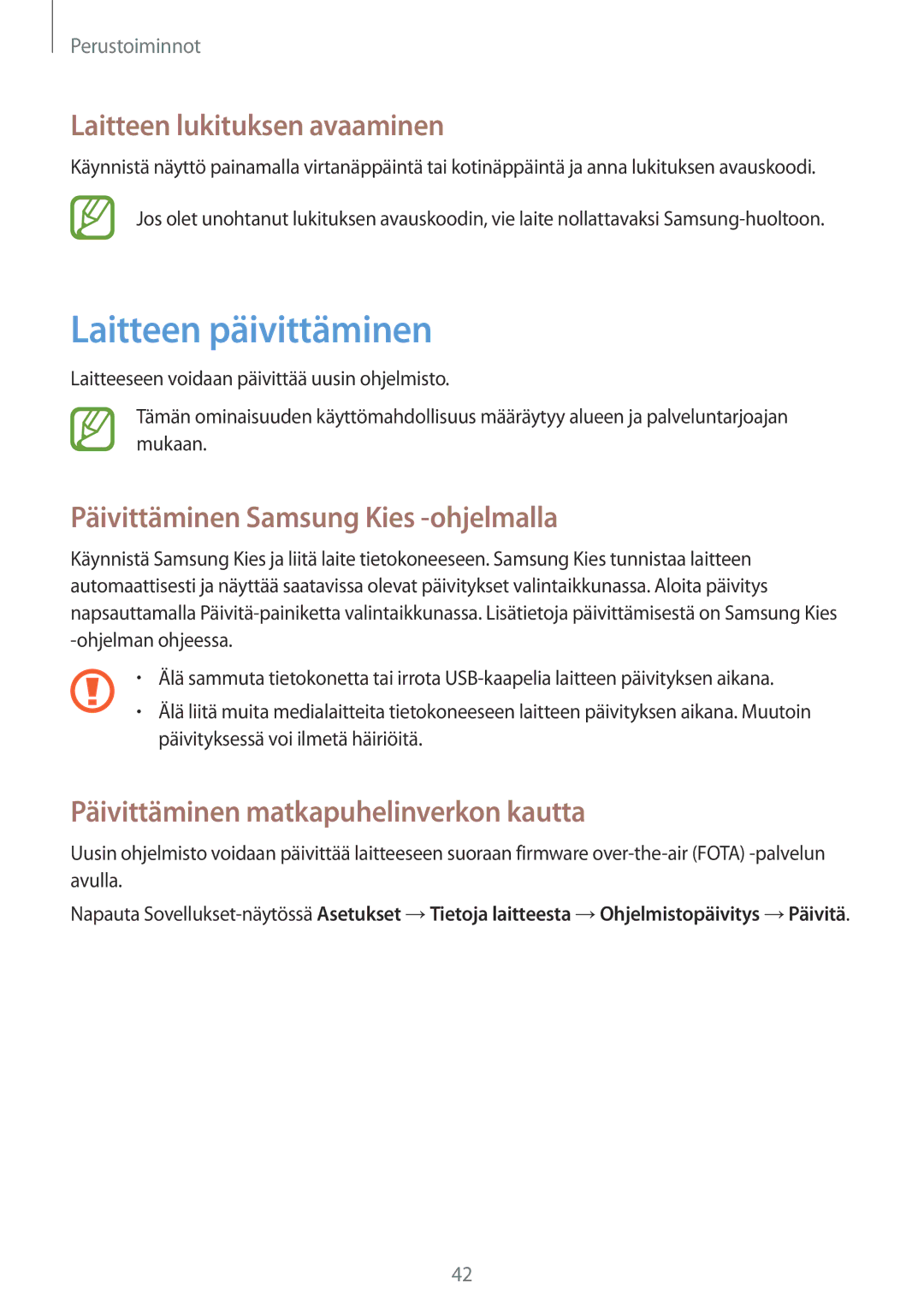 Samsung GT-I8190MBNNEE manual Laitteen päivittäminen, Laitteen lukituksen avaaminen, Päivittäminen Samsung Kies -ohjelmalla 