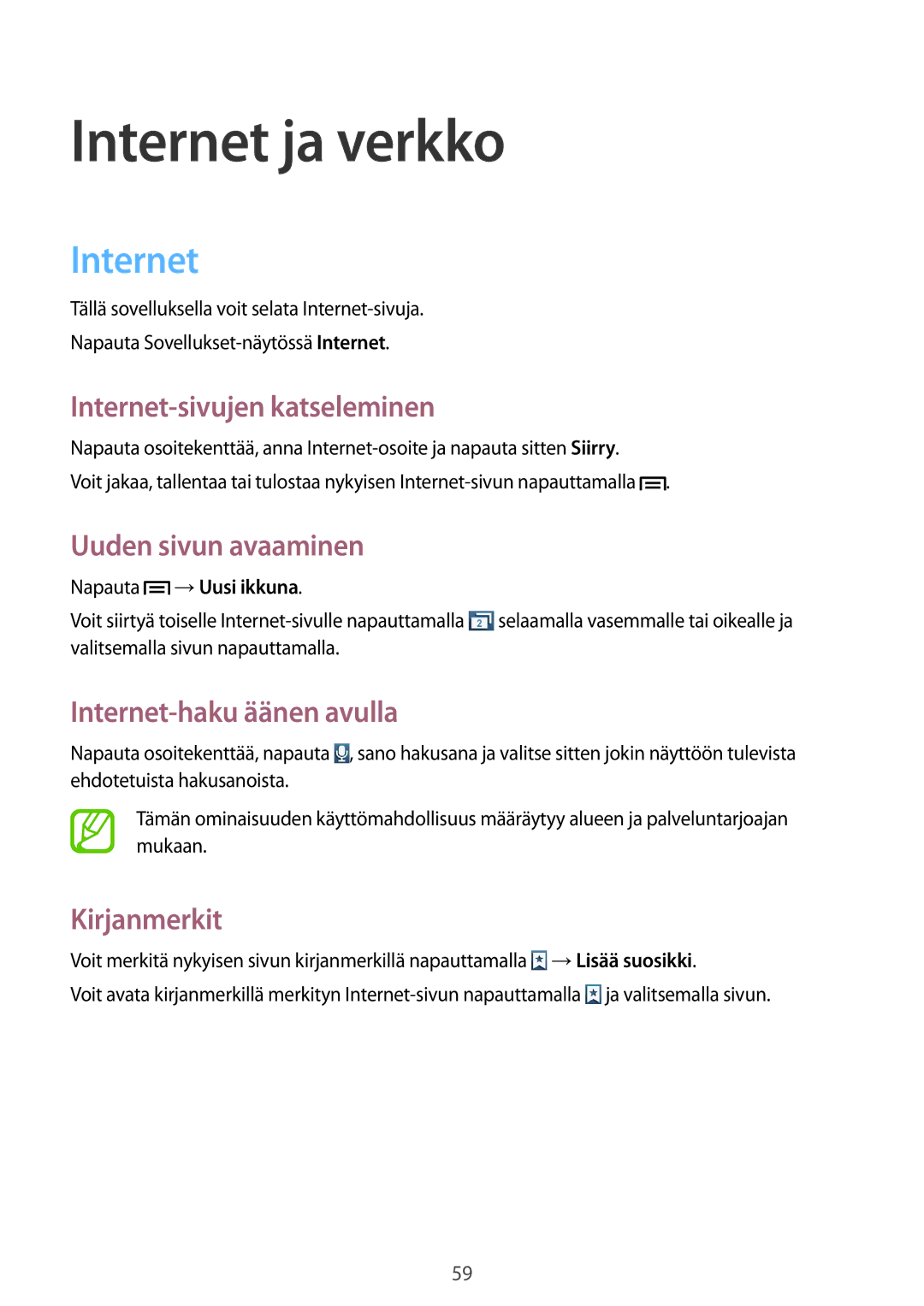 Samsung GT-I8190OKNNEE, GT-I8190MBANEE, GT-I8190GRNNEE, GT-I8190MBNNEE, GT-I8190ZNNNEE, GT-I8190RWANEE manual Internet ja verkko 