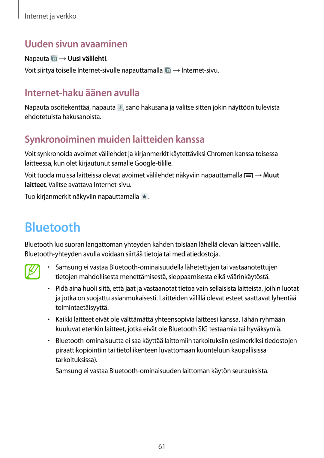 Samsung GT-I8190RWANEE, GT-I8190MBANEE manual Bluetooth, Synkronoiminen muiden laitteiden kanssa, Napauta →Uusi välilehti 