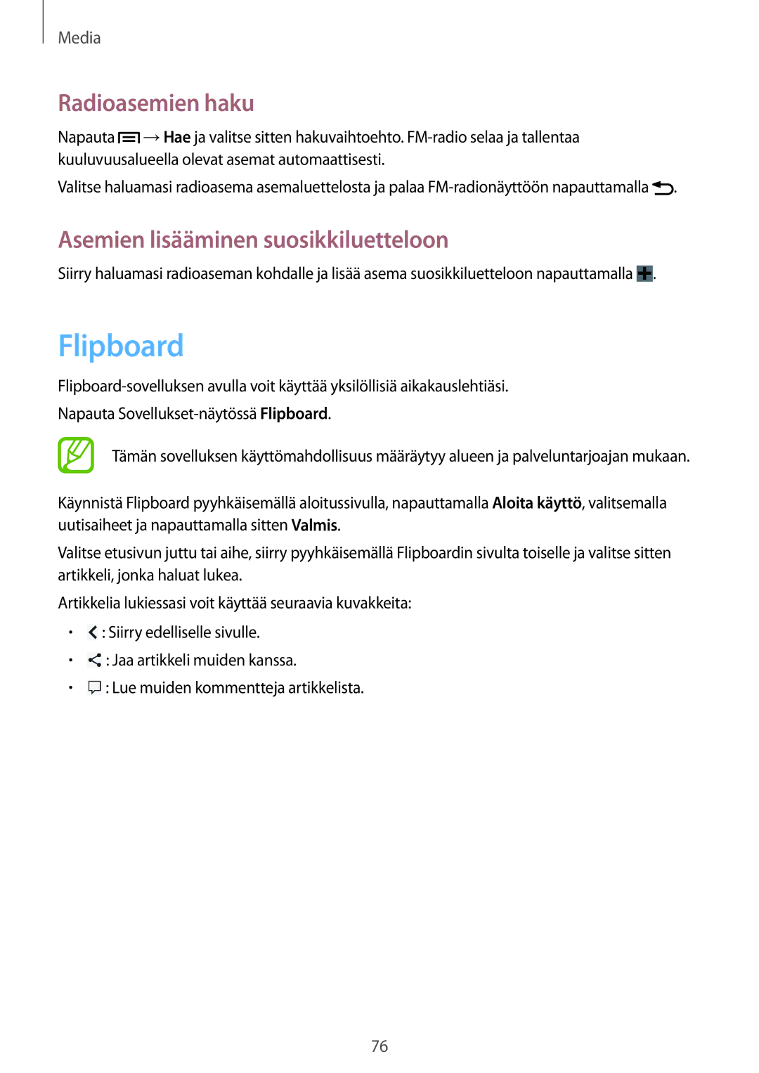 Samsung GT-I8190ZNNNEE, GT-I8190MBANEE, GT-I8190GRNNEE Flipboard, Radioasemien haku, Asemien lisääminen suosikkiluetteloon 