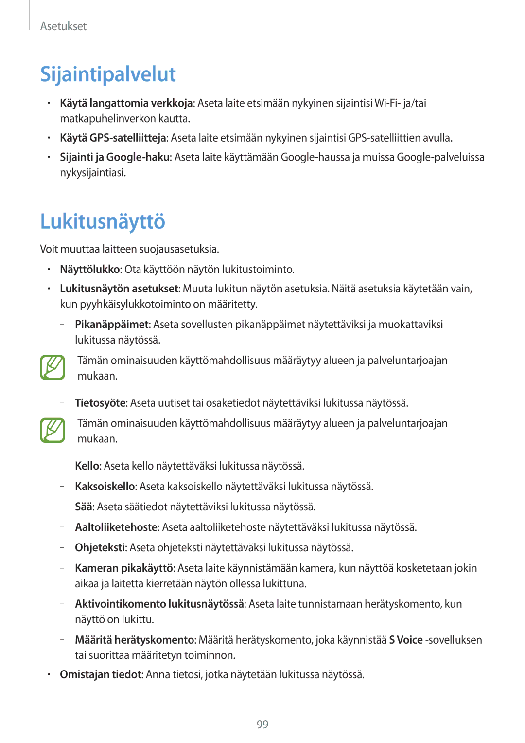 Samsung GT-I8190OKNNEE, GT-I8190MBANEE, GT-I8190GRNNEE, GT-I8190MBNNEE, GT-I8190ZNNNEE manual Sijaintipalvelut, Lukitusnäyttö 