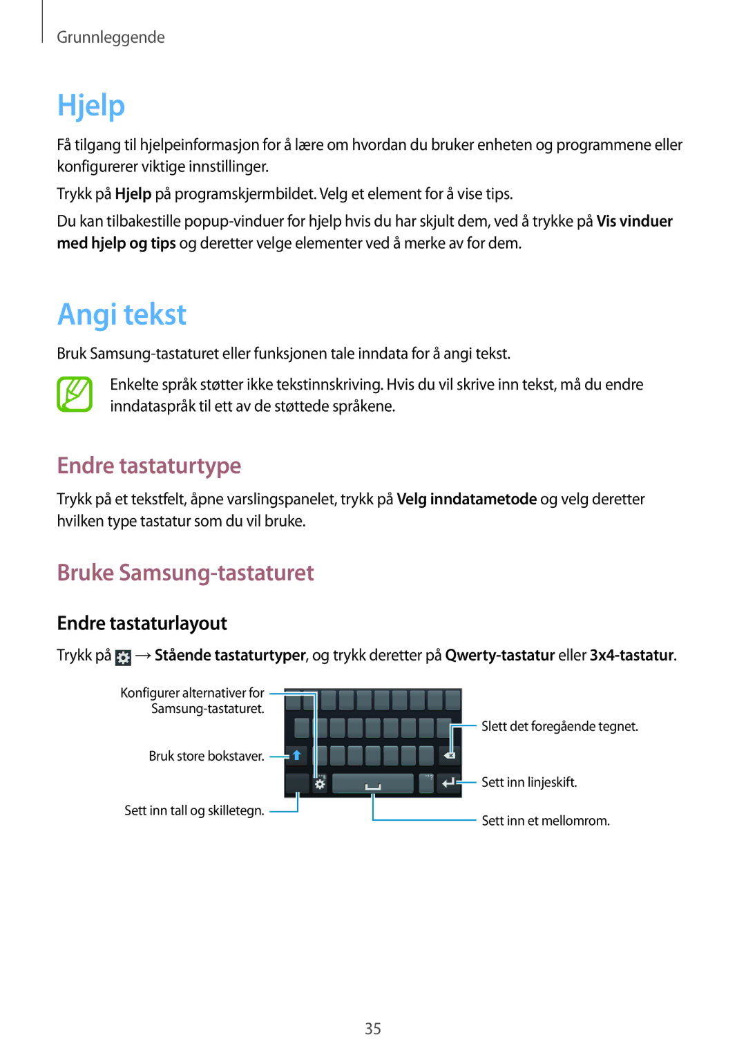 Samsung GT-I8190OKNNEE manual Hjelp, Angi tekst, Endre tastaturtype, Bruke Samsung-tastaturet, Endre tastaturlayout 