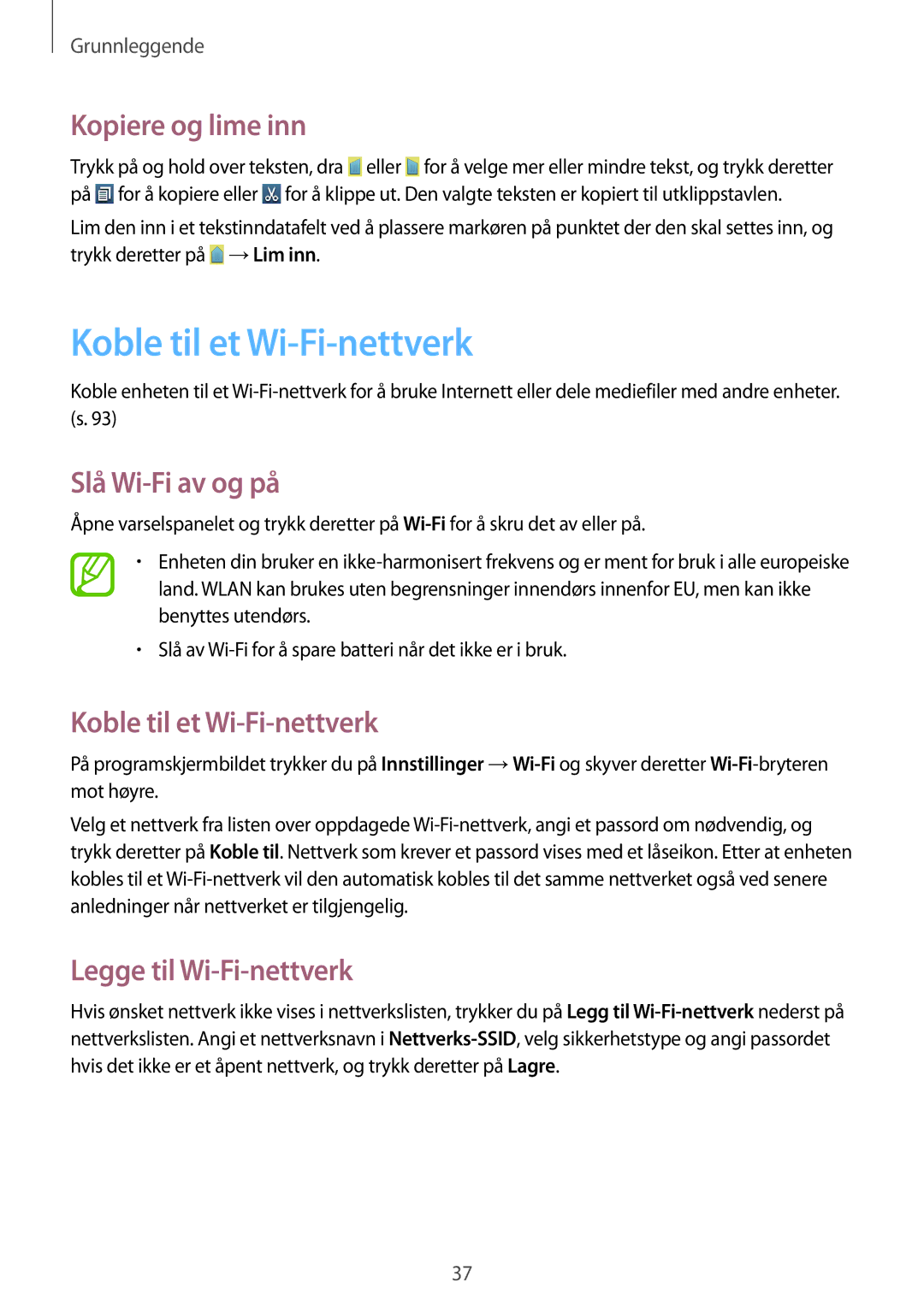 Samsung GT-I8190RWANEE Koble til et Wi-Fi-nettverk, Kopiere og lime inn, Slå Wi-Fi av og på, Legge til Wi-Fi-nettverk 