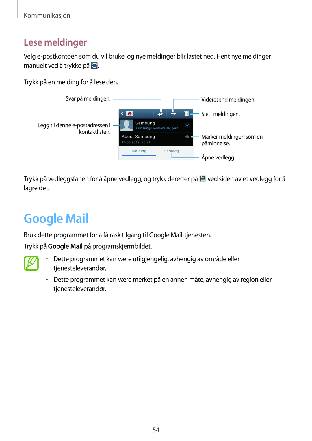 Samsung GT-I8190RWNNEE, GT-I8190MBANEE, GT-I8190GRNNEE, GT-I8190MBNNEE, GT-I8190OKNNEE manual Google Mail, Lese meldinger 