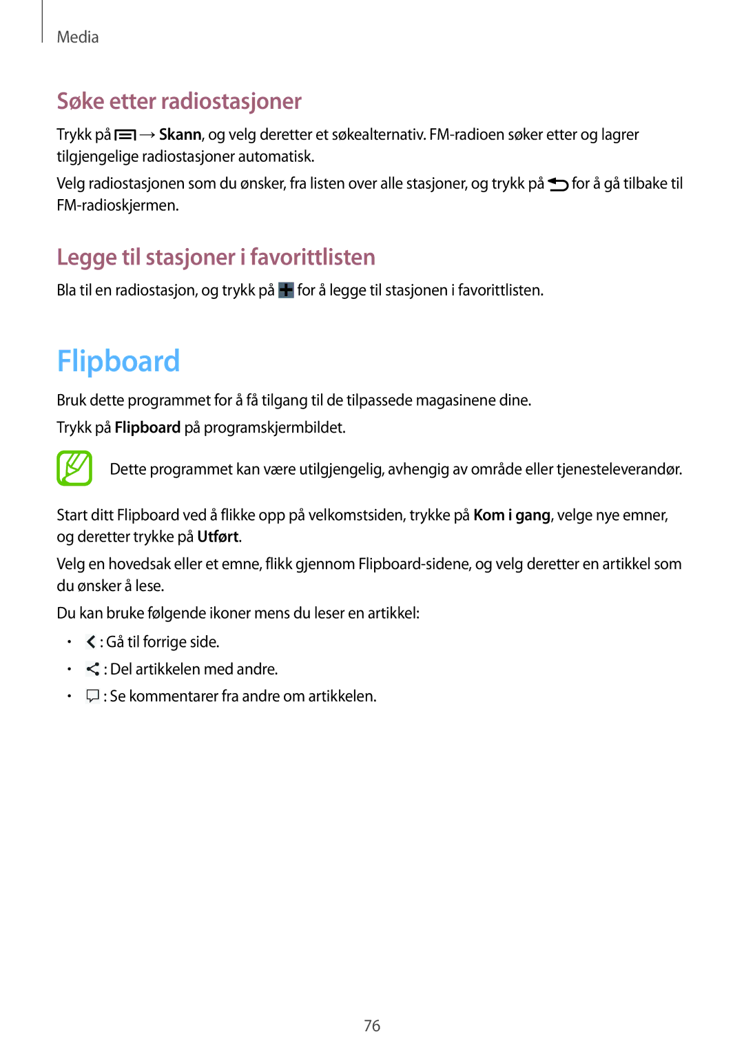 Samsung GT-I8190ZNNNEE, GT-I8190MBANEE manual Flipboard, Søke etter radiostasjoner, Legge til stasjoner i favorittlisten 