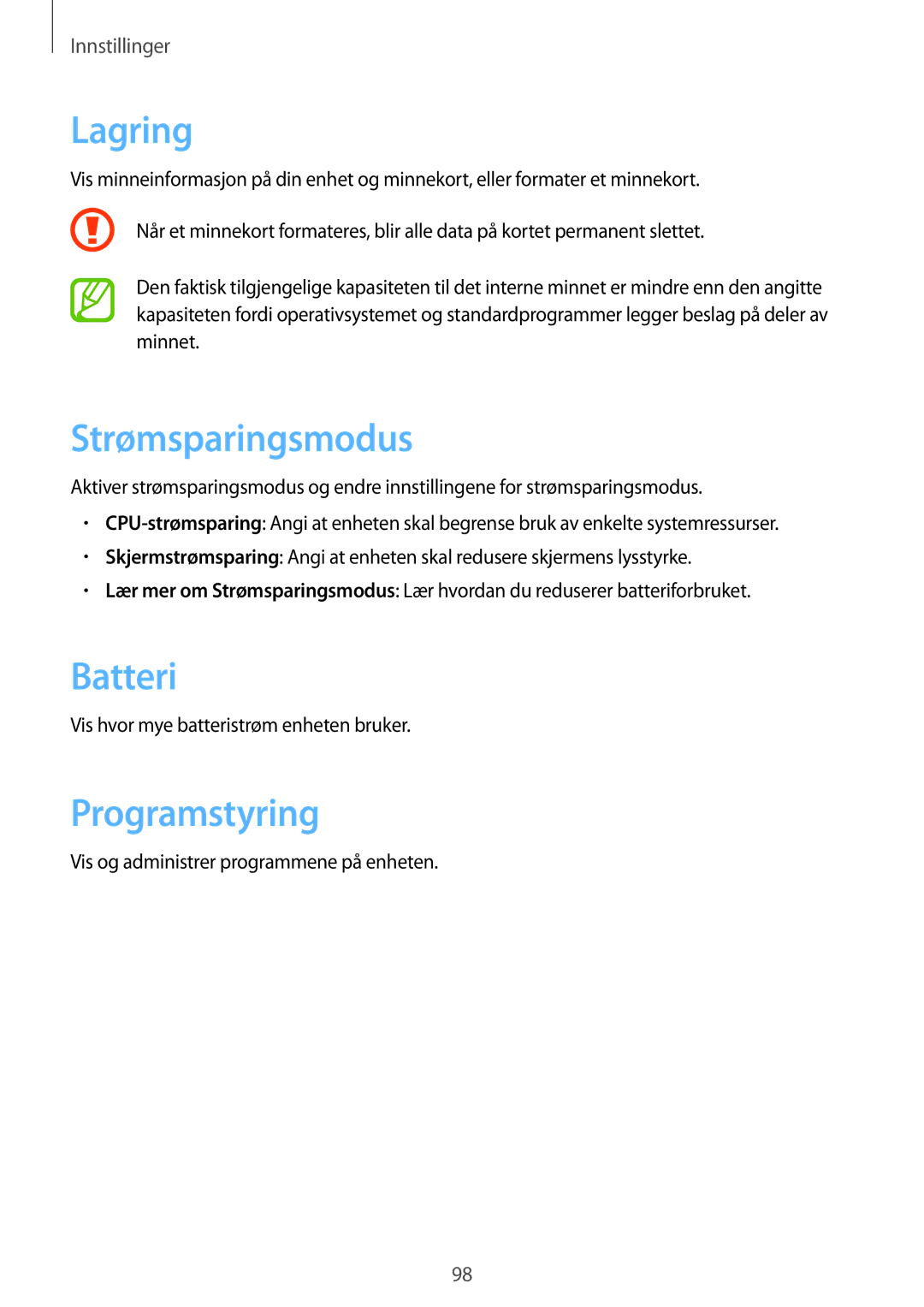 Samsung GT-I8190MBNNEE, GT-I8190MBANEE, GT-I8190GRNNEE, GT-I8190OKNNEE Lagring, Strømsparingsmodus, Batteri, Programstyring 