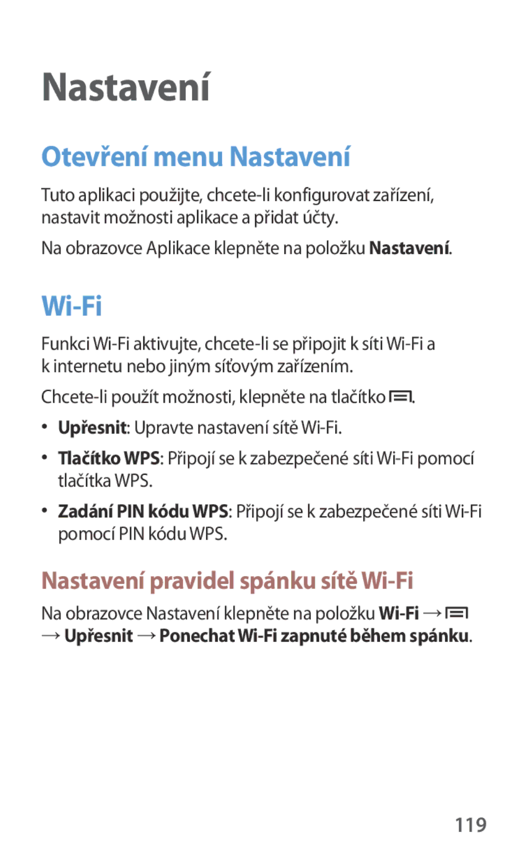 Samsung GT2I8190MBAETL, GT-I8190MBNTPL manual Otevření menu Nastavení, Nastavení pravidel spánku sítě Wi-Fi, 119 